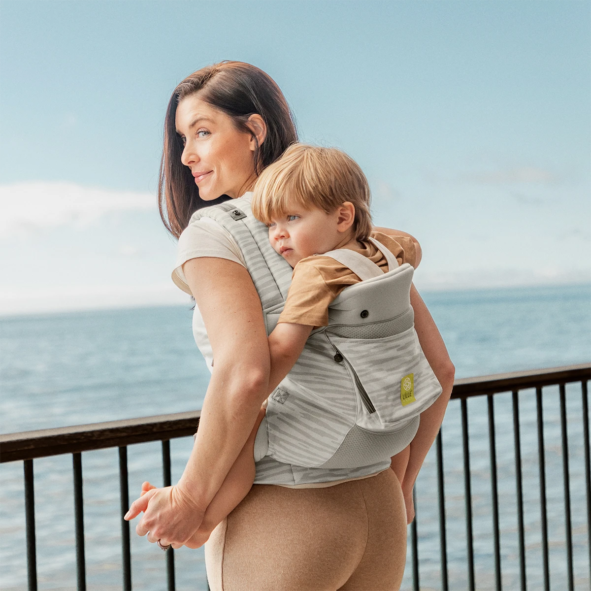 mom wearing baby in CarryOn Airflow DLX in Marble