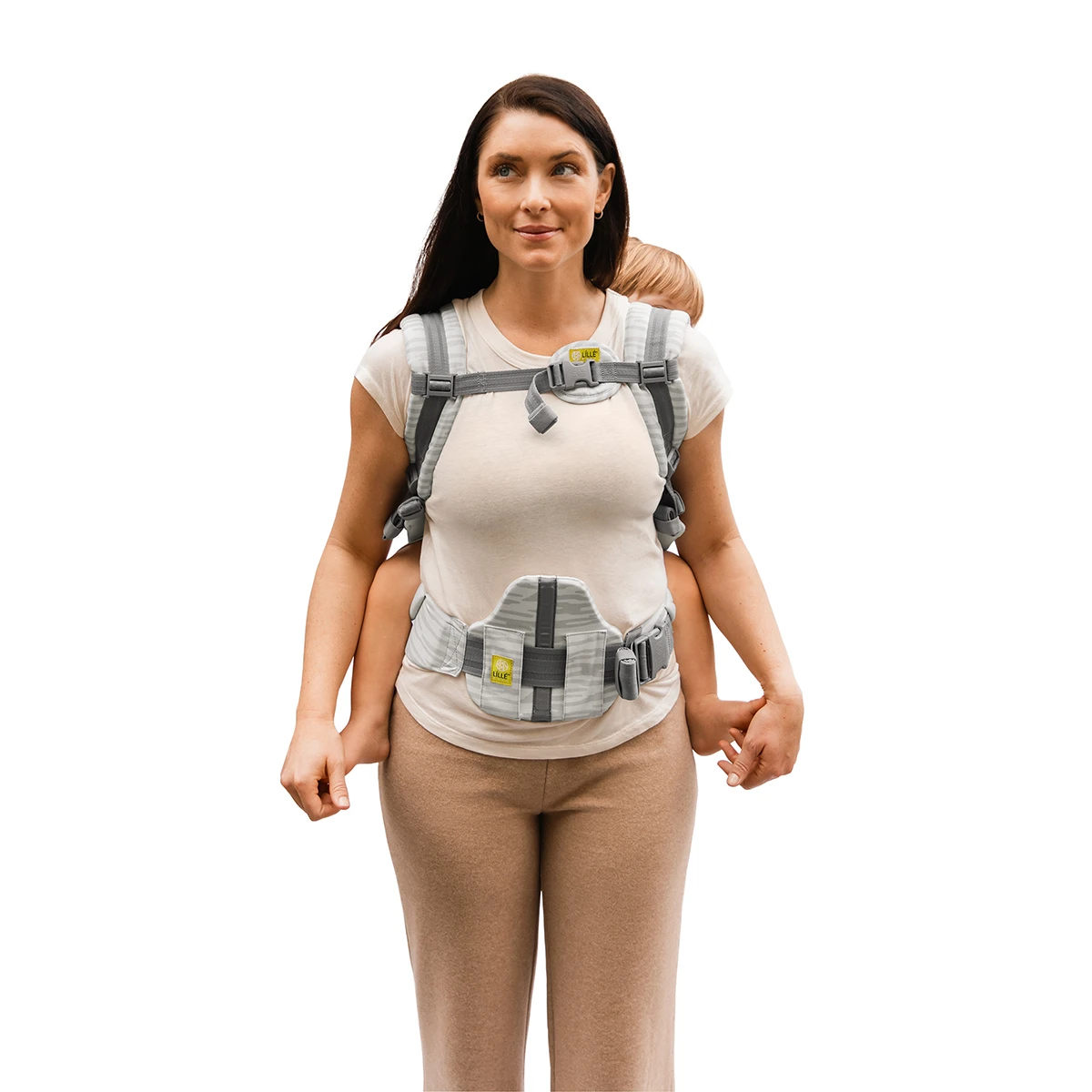 mom wearing baby in CarryOn Airflow DLX in Marble