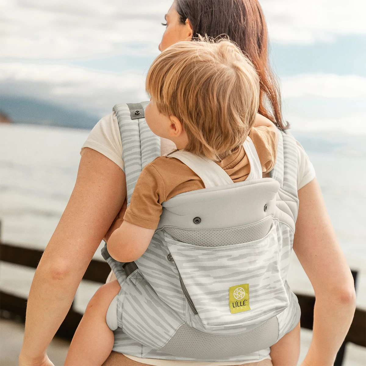 mom wearing baby in CarryOn Airflow DLX in Marble