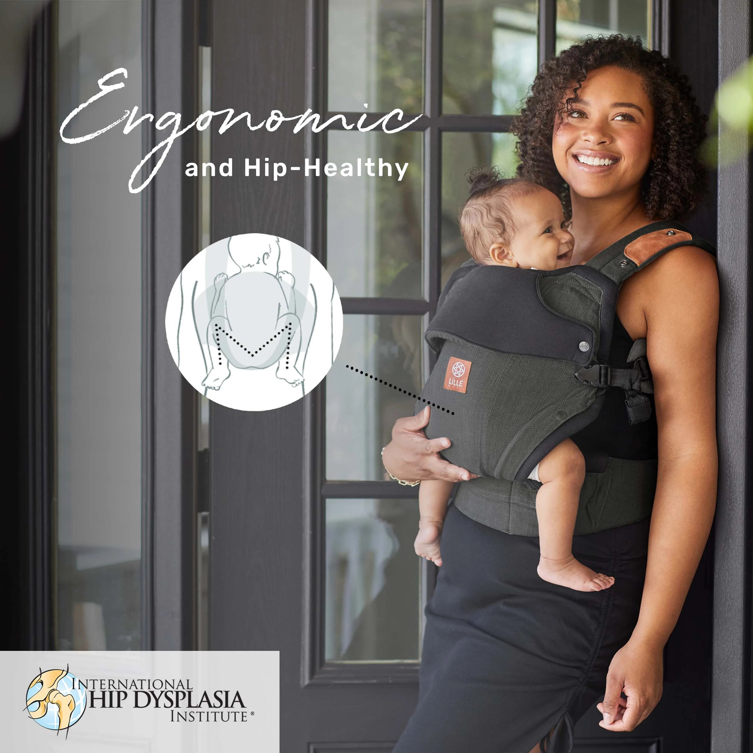  Elevate carrier images shows carrier support for baby. Ergonomic, hip healthy and endorsed by international hip dysplasia institute.