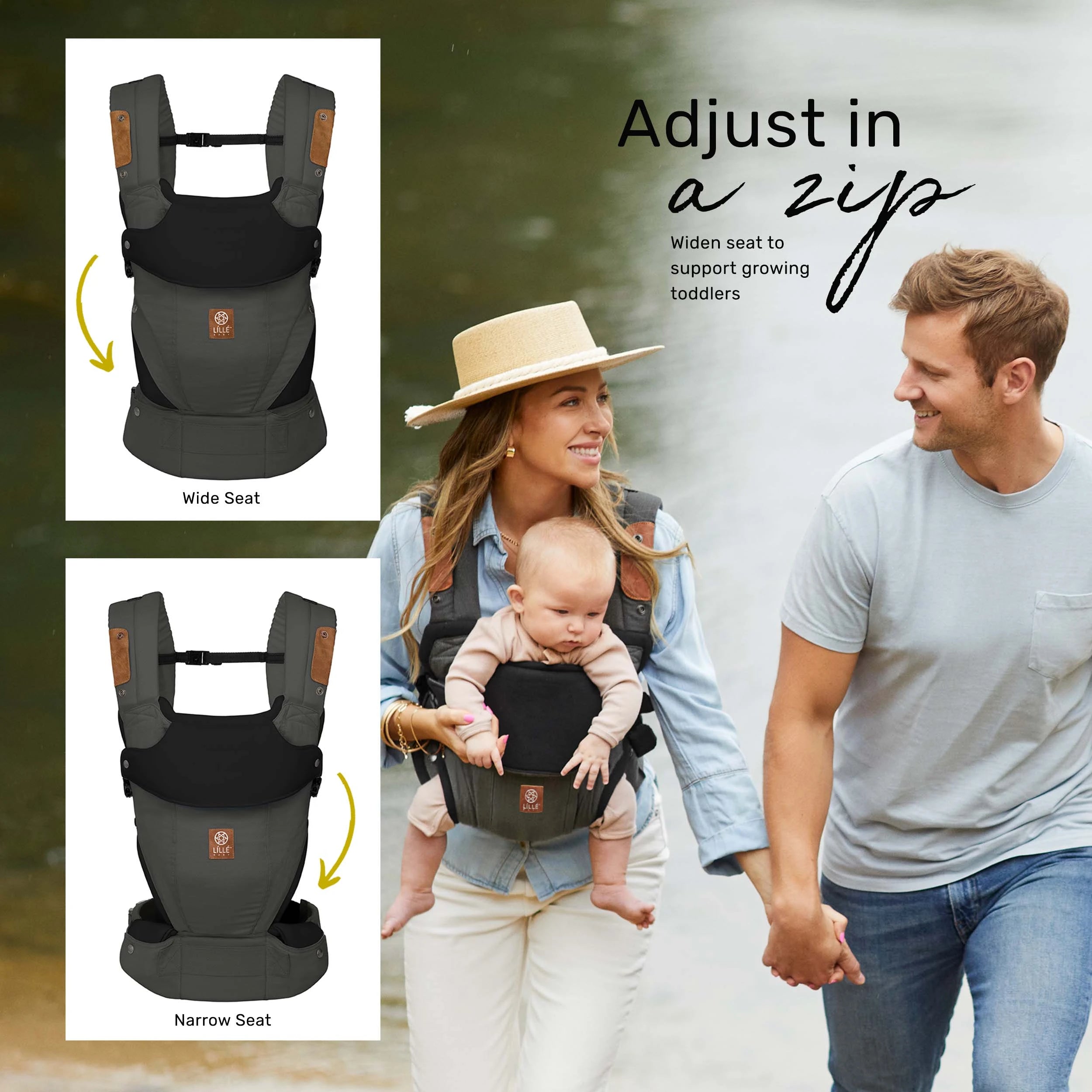Elevate adjust in a zip! Widen seat to support growing toddlers. Zip up to wide seat and zip down to narrow seat.