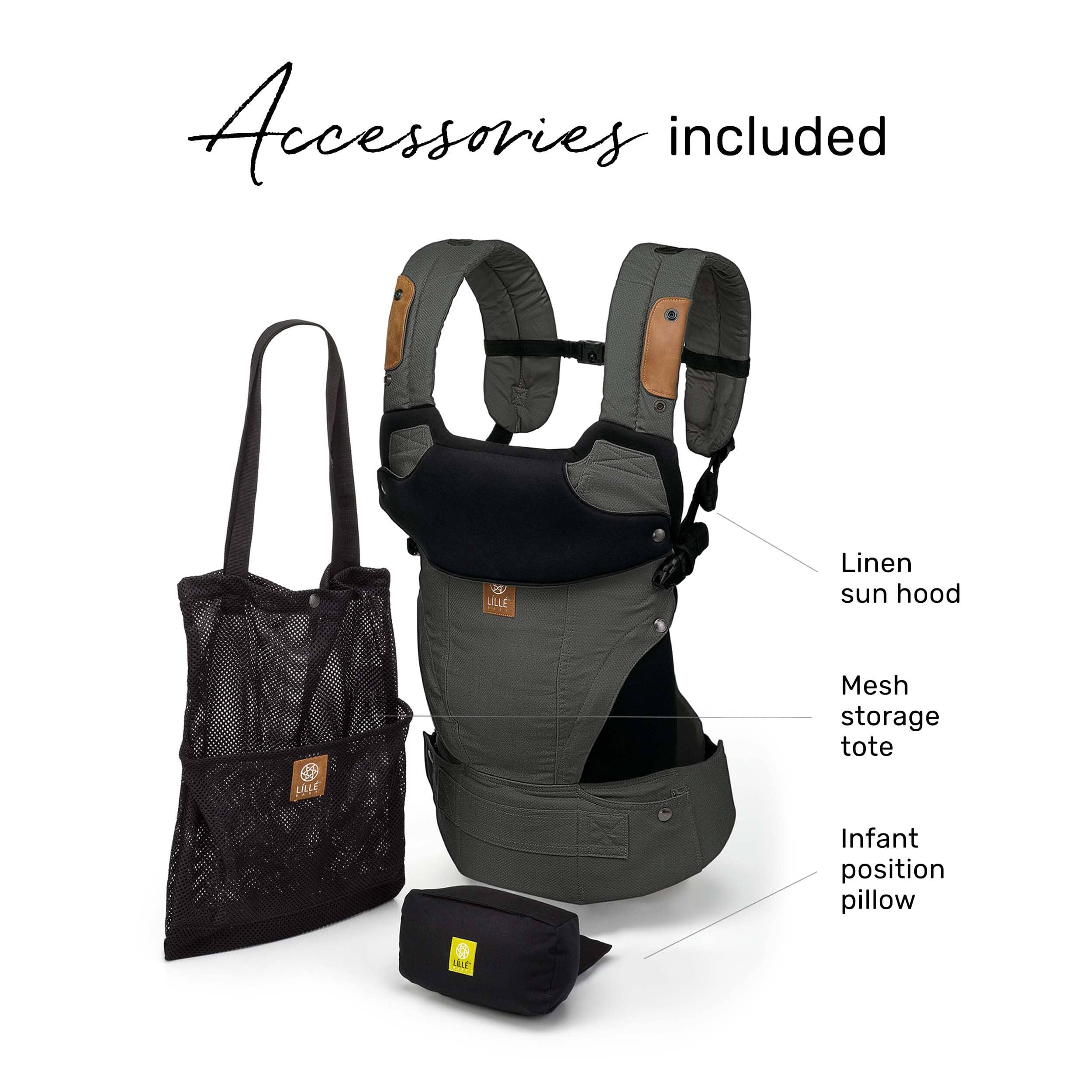 Elevate accessories included with purchase of a carrier. Pictured carrier, linen sun hood, mesh storage tote and infant position pillow.