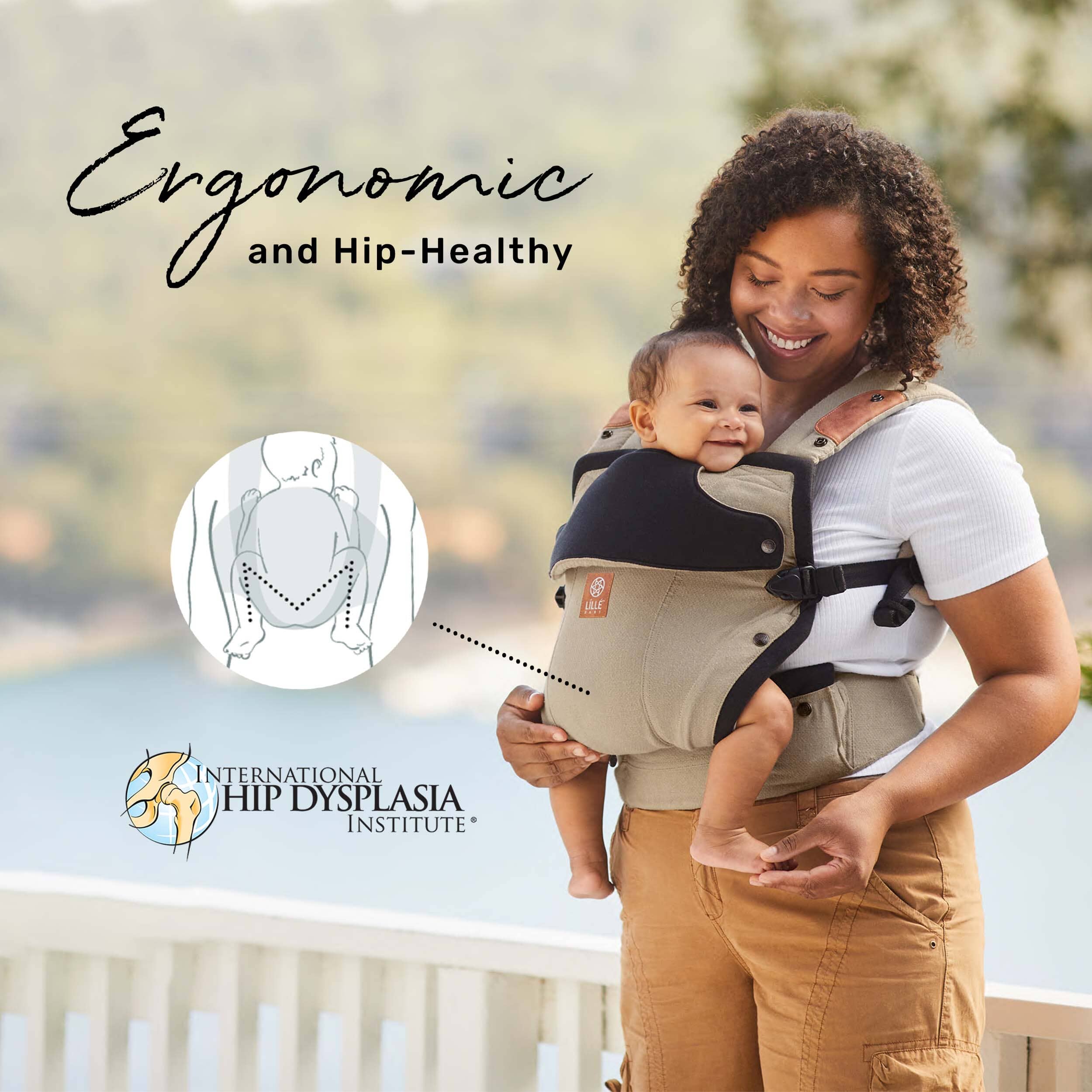 Elevate carrier images shows carrier support for baby. Ergonomic, hip healthy and endorsed by international hip dysplasia institute.
