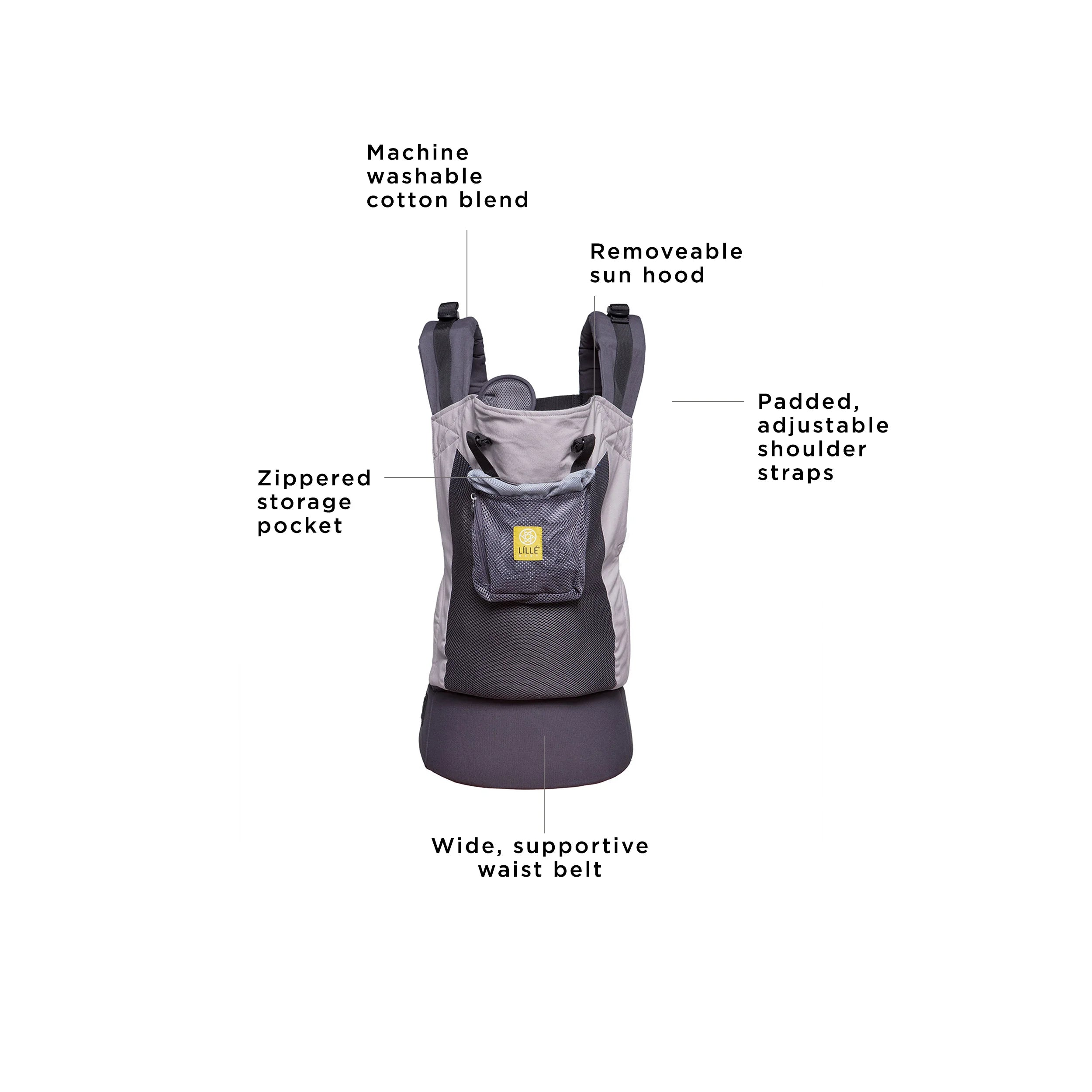 carryon airflow carriers are machine washable cotton blend, removeable sun hood, zippered storage pocket, padded adjustable shoulder straps, and wide supportive waist belt