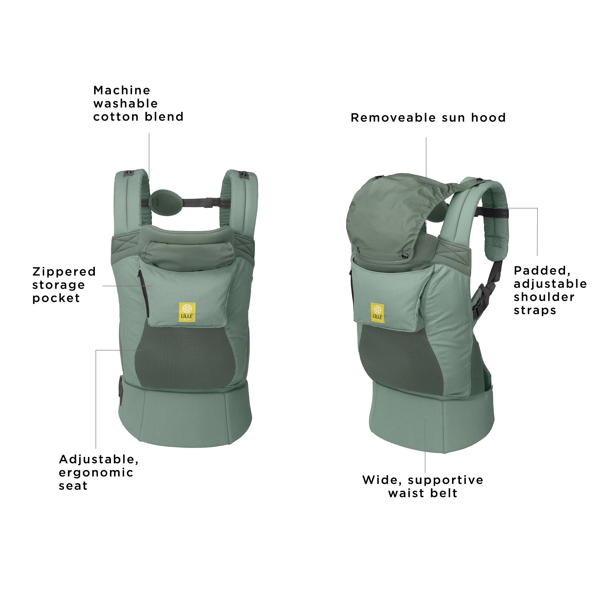 the carryon airflow dlx is a machine washable cotton blend, has a zippered storage pocket, adjustable ergonomic seat, removeable sun hood, padded adjustable shoulder straps, and wide supportive waist belt