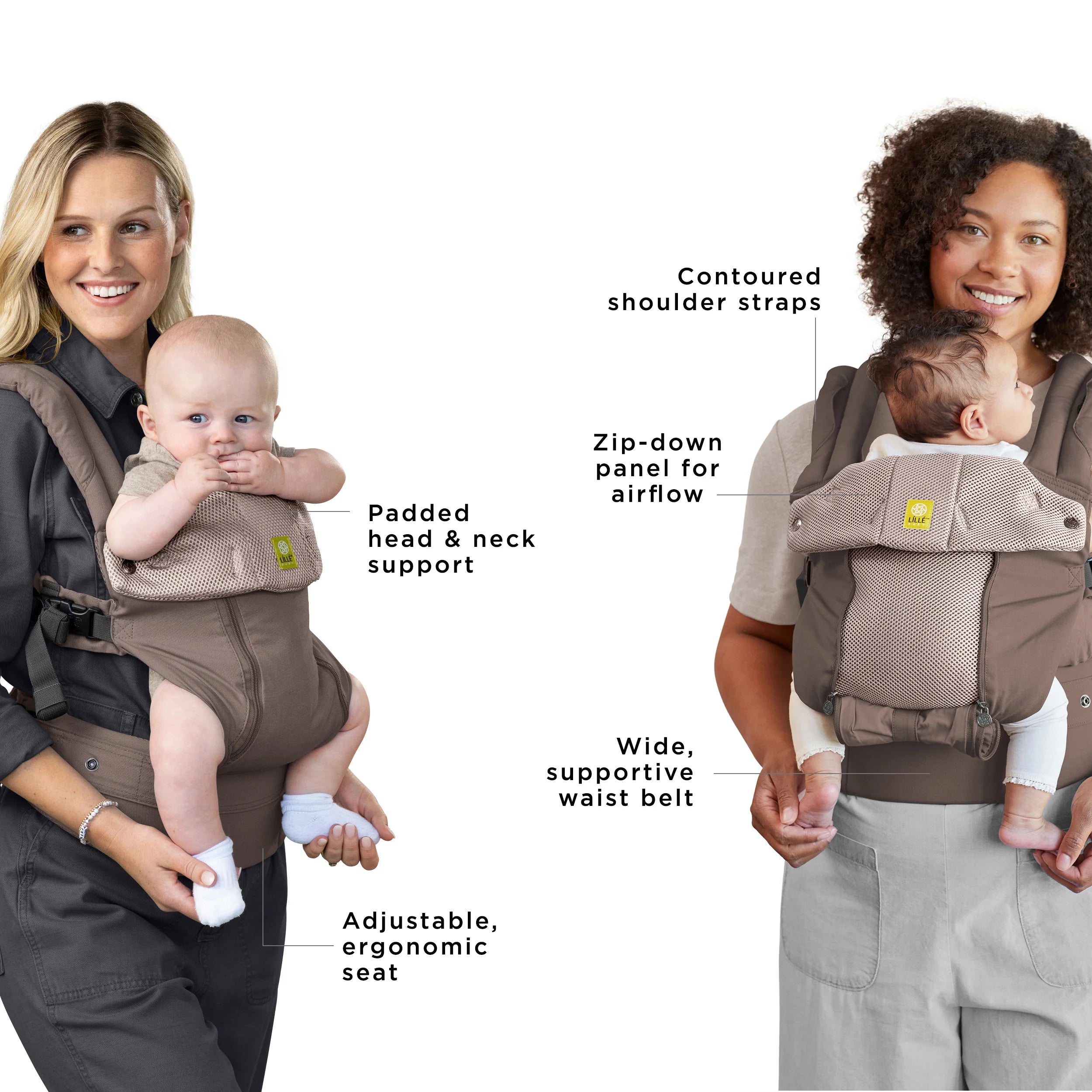 complete 6-in-1 all seasons has contoured shoulder straps, adjustable ergonomic seat, padded head & neck support, zip-down panel for airflow, and wide supportive waist belr