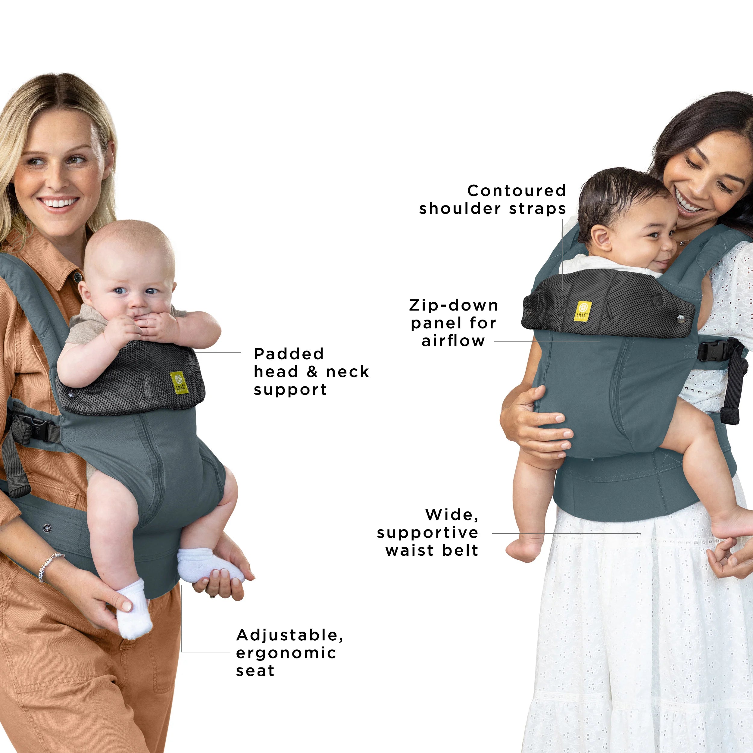 complete 6-in-1 all seasons has contoured shoulder straps, adjustable ergonomic seat, padded head & neck support, zip-down panel for airflow, and wide supportive waist belr