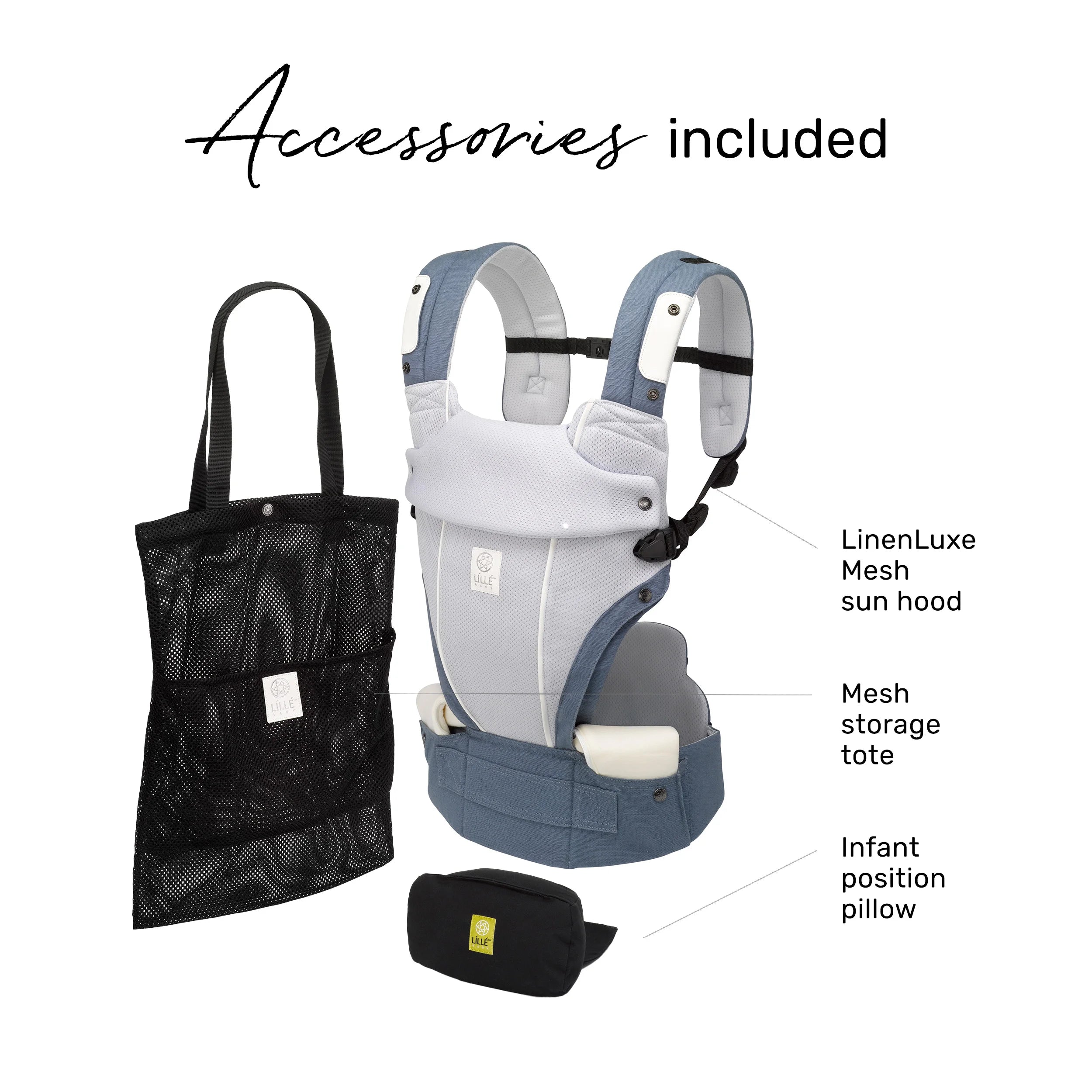 elevate air carrier. accessories included. linenluxe mesh sun hood, mesh storage tote, infant position pillow
