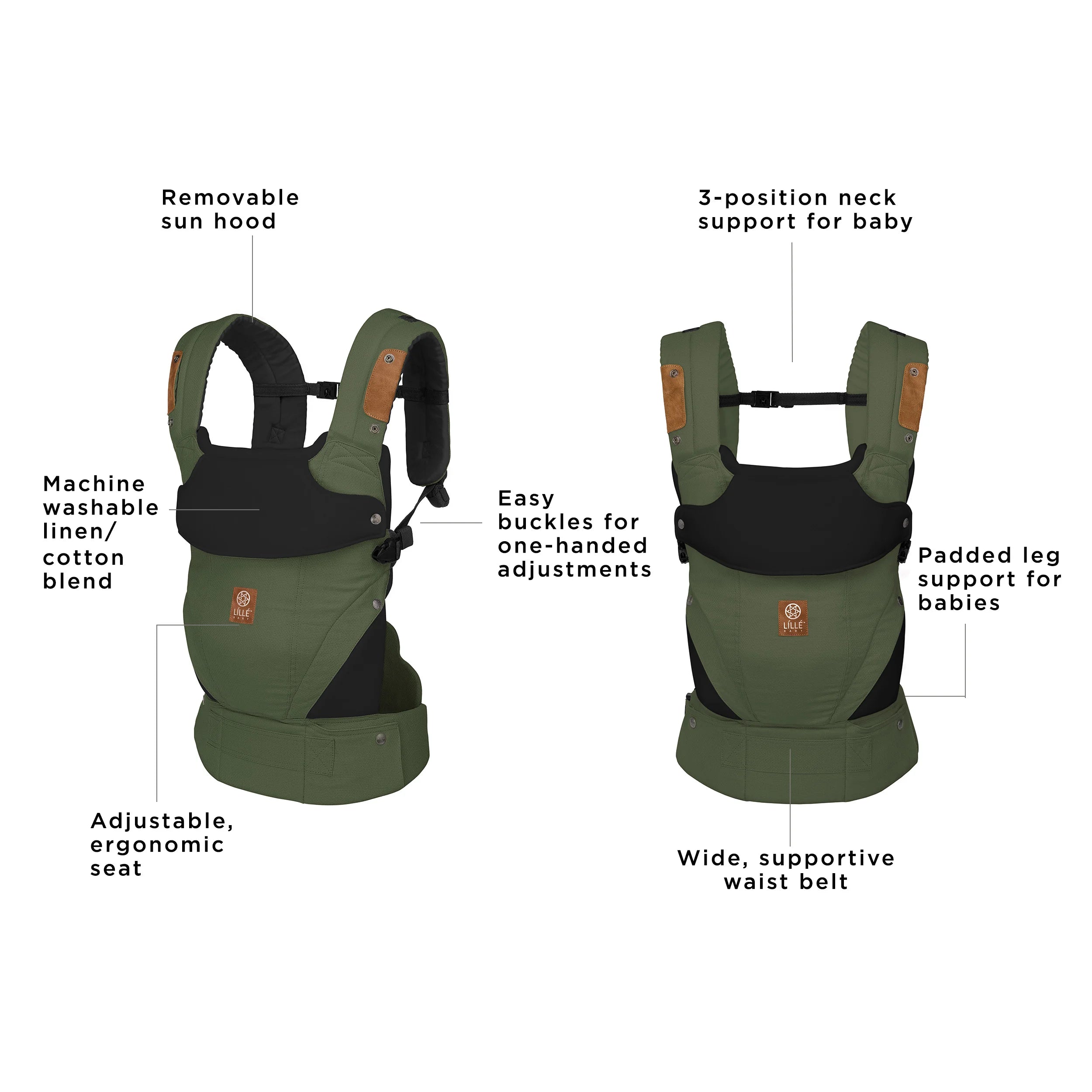 elevate carrier has a removable sun hood, machine washable/linen cotton blend, adjustable, ergonomic seat, easy buckles for one-handed adjustments, 3 position neck support for baby, padded leg support for babies, wide supportive waist belt