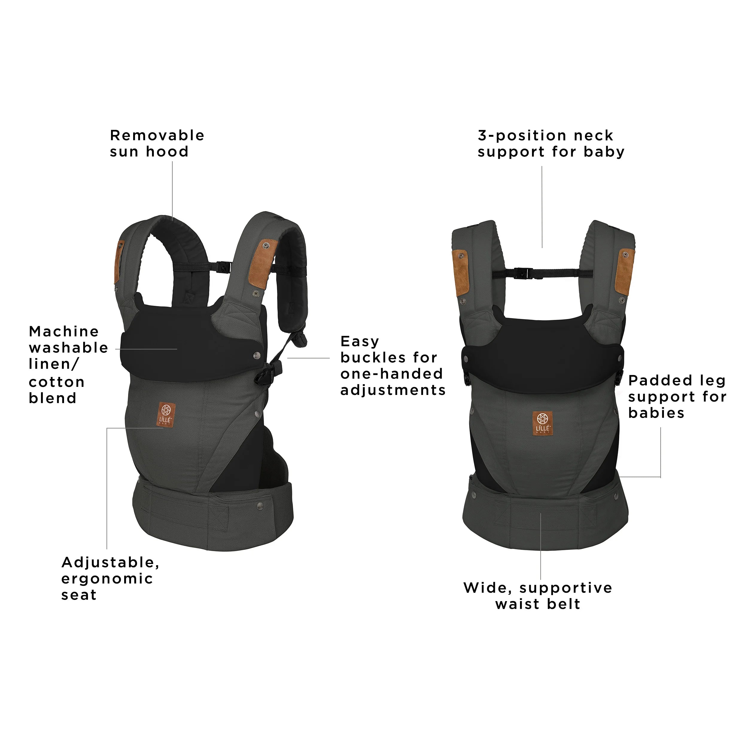 elevate carrier has a removable sun hood, machine washable/linen cotton blend, adjustable, ergonomic seat, easy buckles for one-handed adjustments, 3 position neck support for baby, padded leg support for babies, wide supportive waist belt