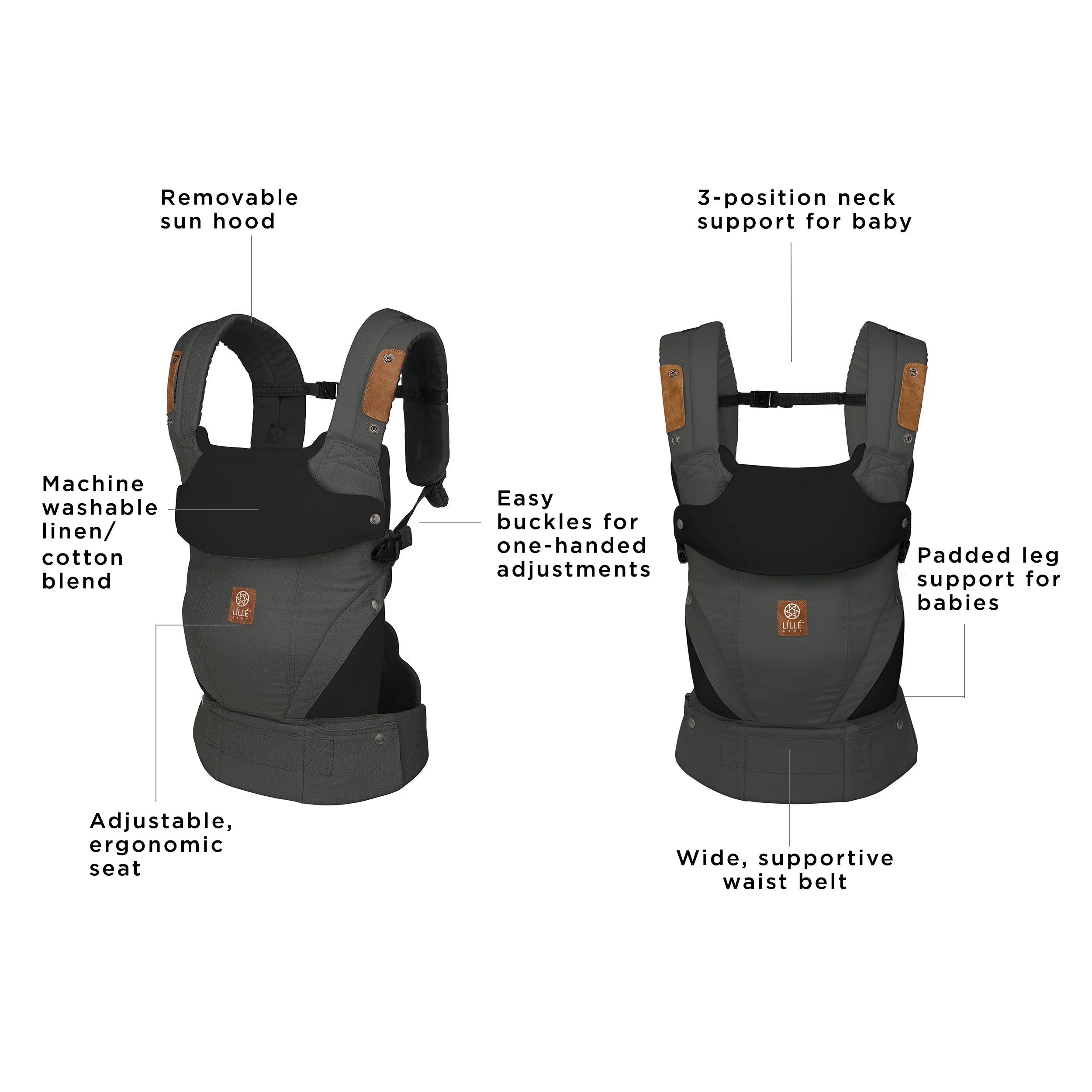 Elevate Carrier: Removable sun hood, washable linen blend, ergonomic, easy buckles, and full support