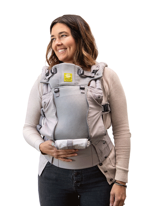 6 image giphy of moms wearing baby in baby carrier in 6 different positions