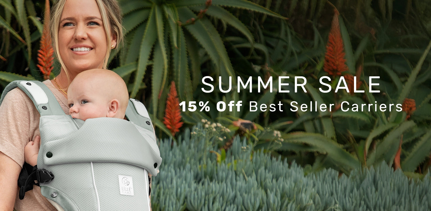 summer sale 15% off best seller carriers. mom wearing baby in lillebaby elevate air baby carrier in sea breeze