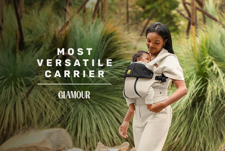 most versatile carrier by glamour. mom wearing baby in the complete all seasons carrier in moonbeam