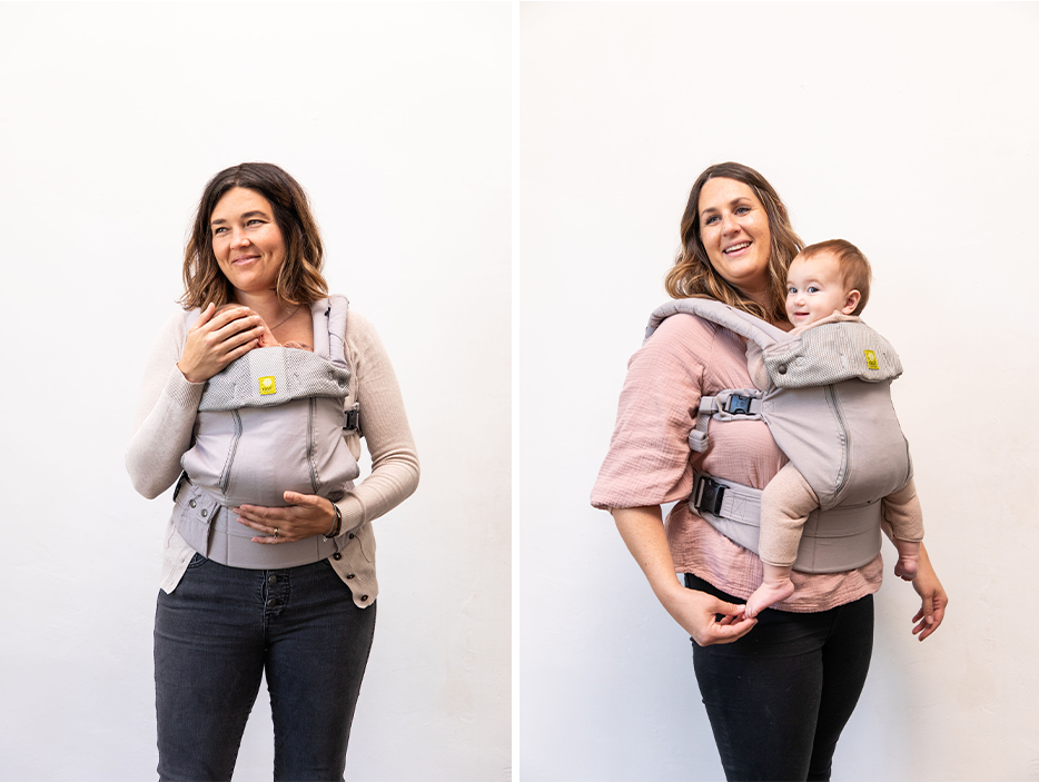 mom wearing baby in complete all seasons in stone