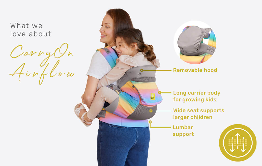 Removable hood, long carrier body for growing kids, wide seat supports larger children, lumber support