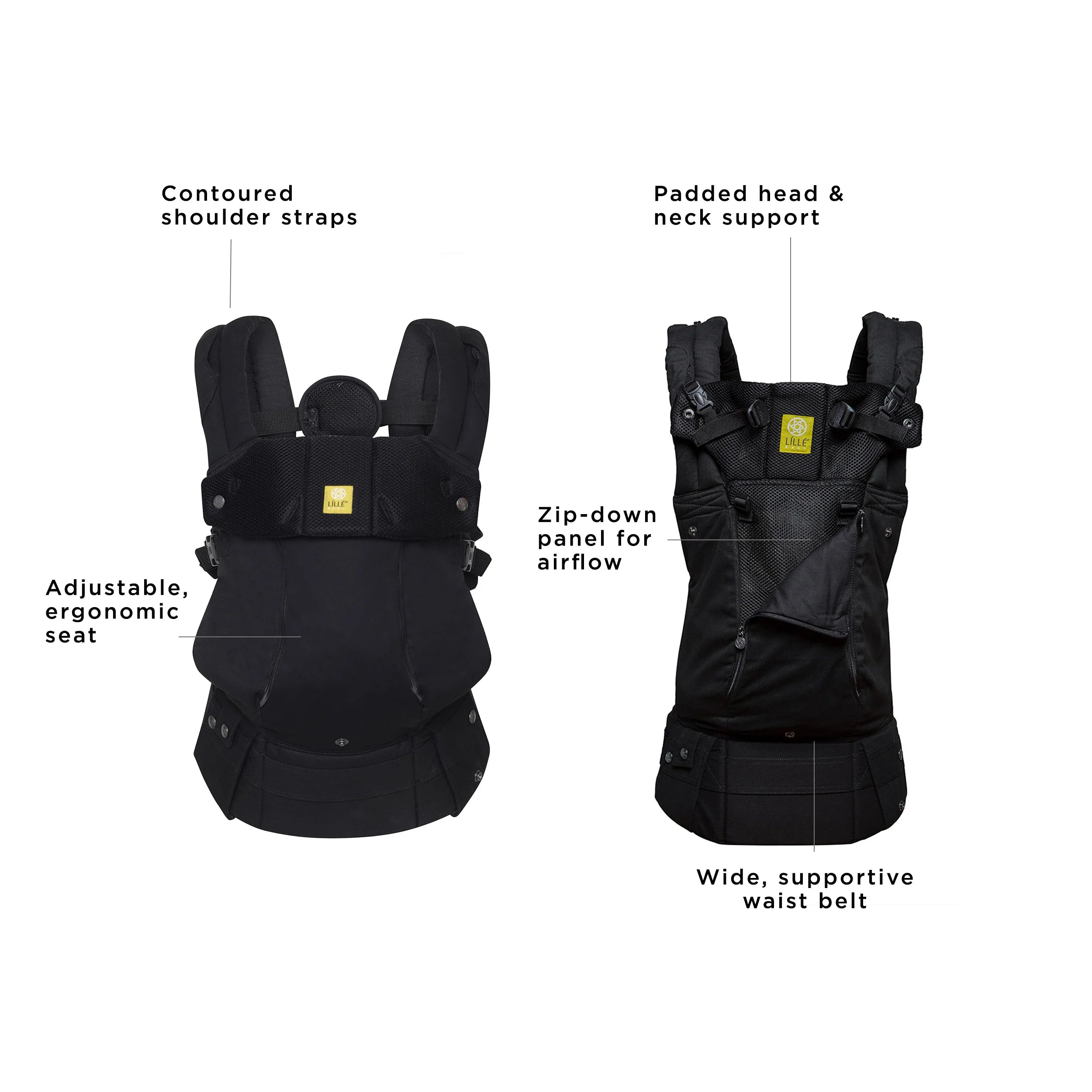 complete 6-in-1 all seasons has contoured shoulder straps, adjustable ergonomic seat, padded head & neck support, zip-down panel for airflow, and wide supportive waist belr