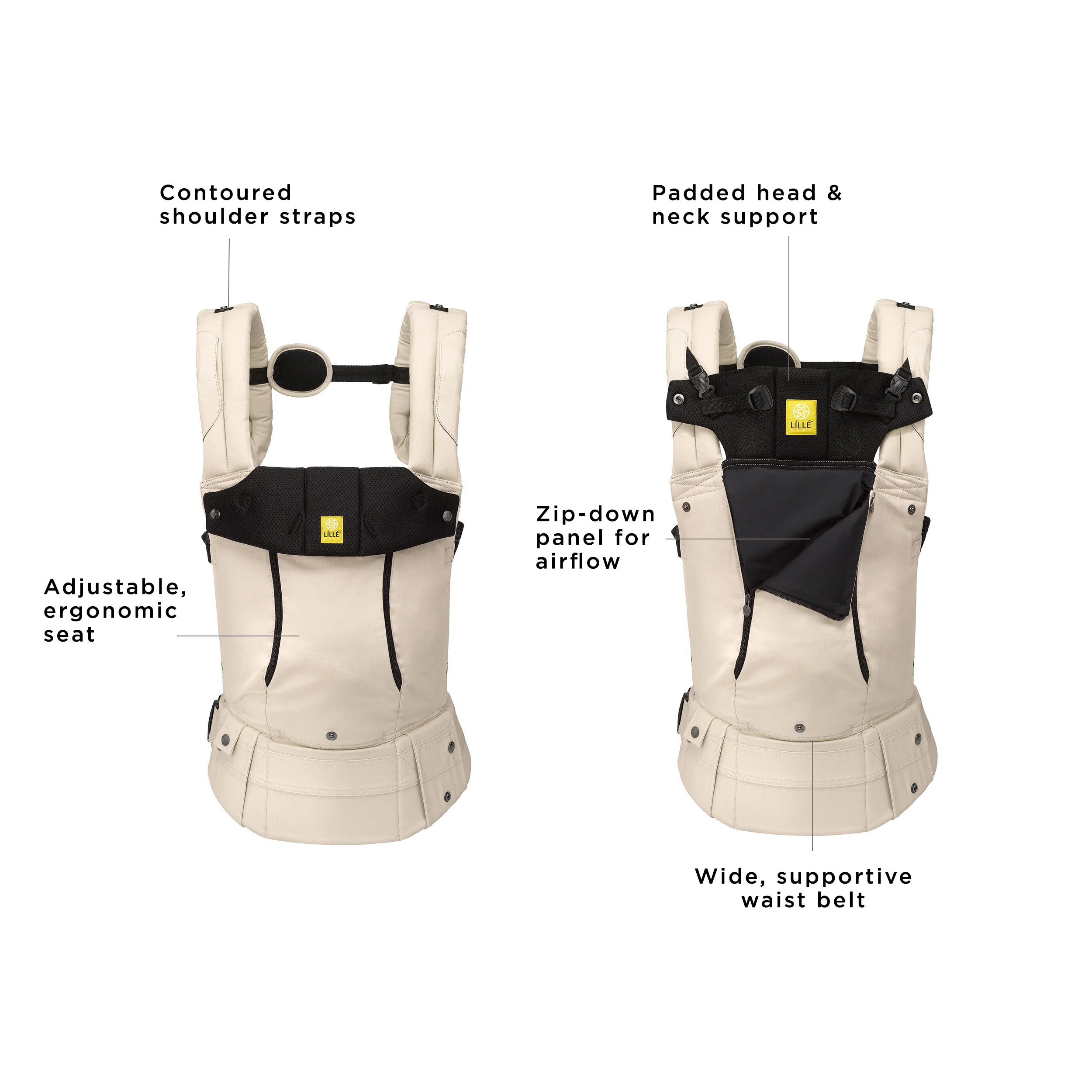 complete 6-in-1 all seasons has contoured shoulder straps, adjustable ergonomic seat, padded head & neck support, zip-down panel for airflow, and wide supportive waist belt
