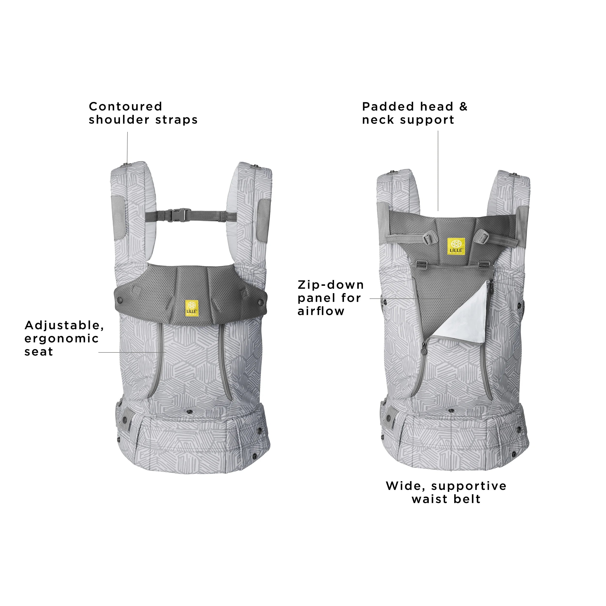complete 6-in-1 all seasons has contoured shoulder straps, adjustable ergonomic seat, padded head & neck support, zip-down panel for airflow, and wide supportive waist belr