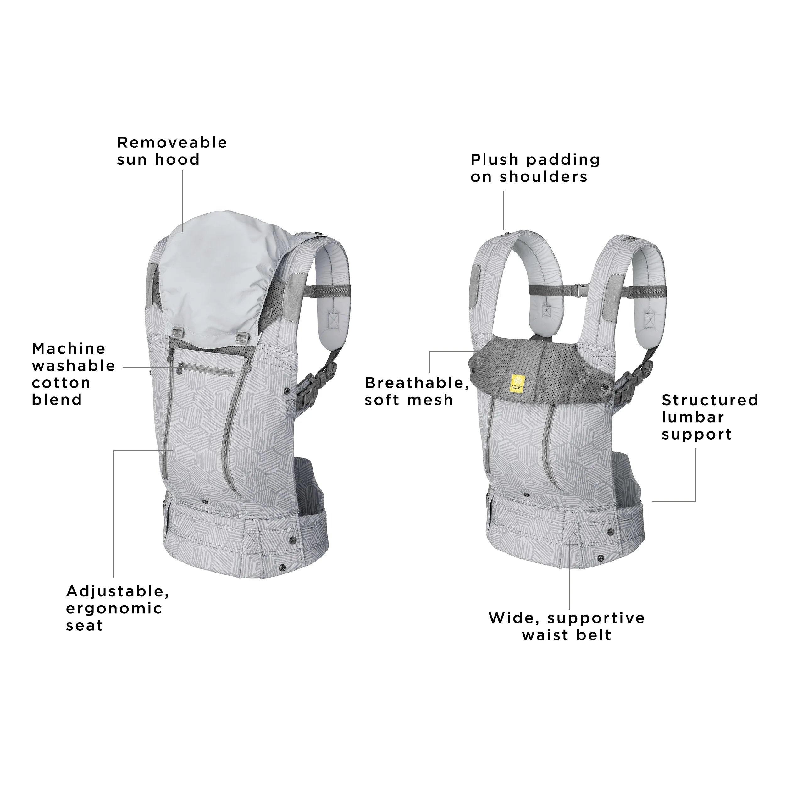 complete all seasons has a removeable sun hood, machine washable cotton blend, adjustable ergonomic seat, plush padding on shoulders, breathable soft mesh, structured lumbar support, wide supportive waist belt