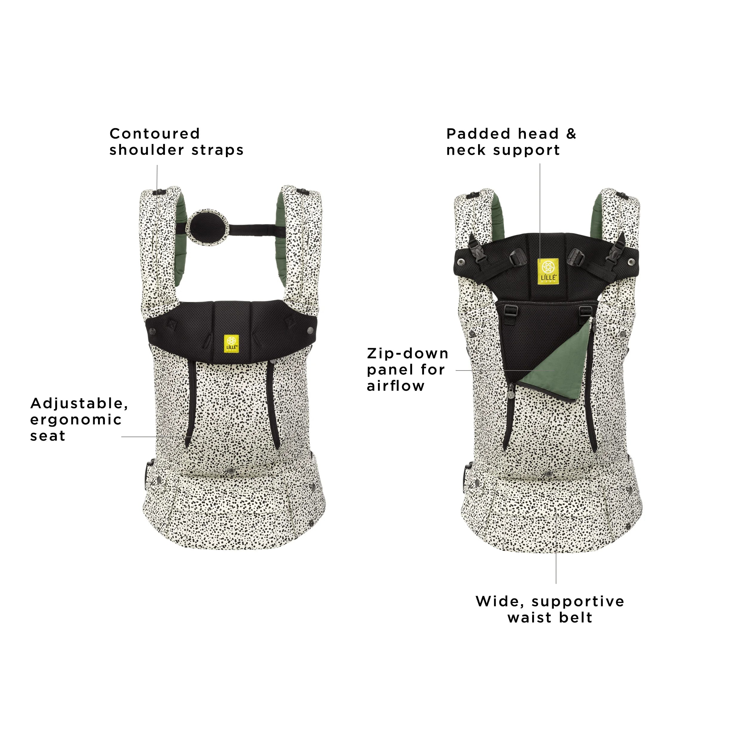 complete 6-in-1 all seasons has contoured shoulder straps, adjustable ergonomic seat, padded head & neck support, zip-down panel for airflow, and wide supportive waist belr