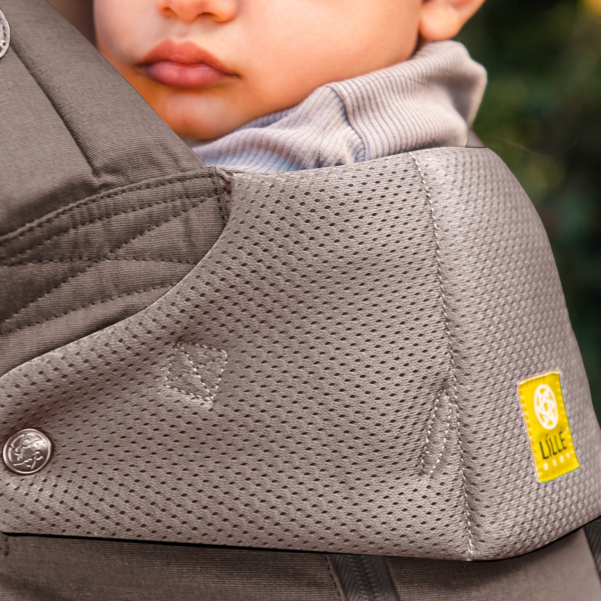 mom wearing baby in Complete 6-in-1 All Seasons in Bark