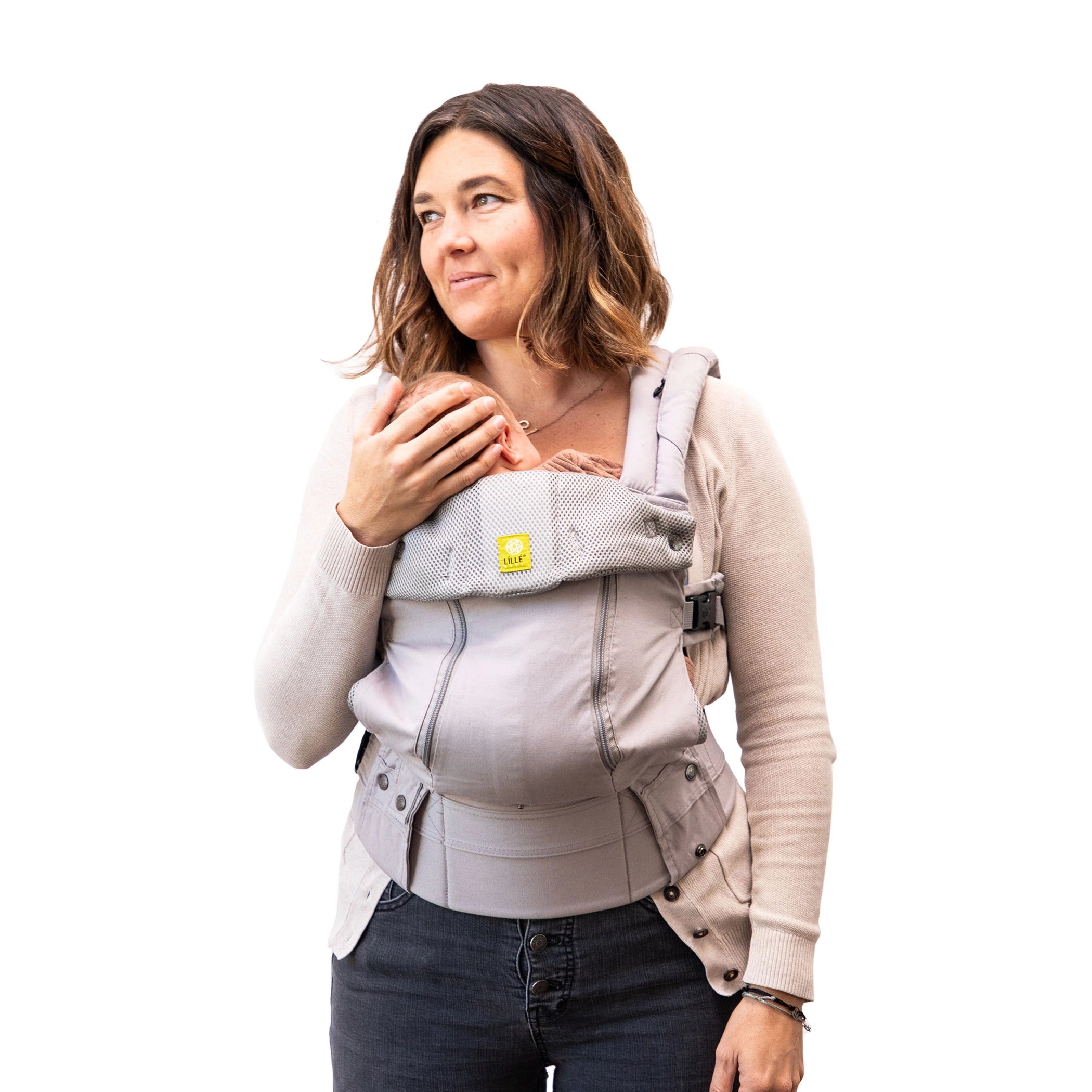 Complete all seasons carrier shown in fetal carry position with newborn