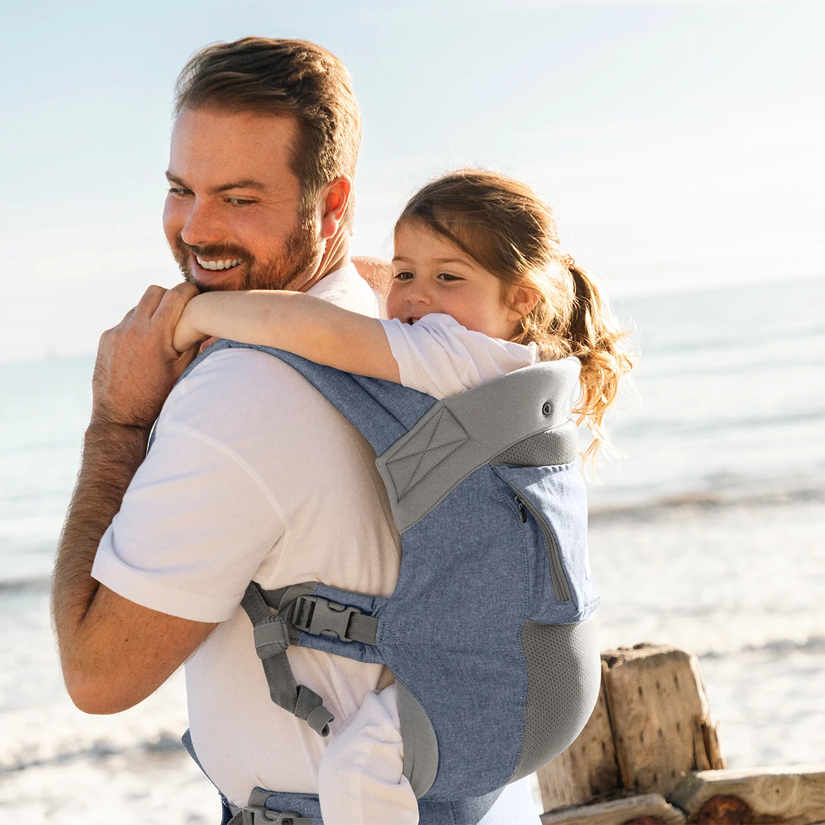 dad wearing baby in mom wearing baby in CarryOn Airflow DLX in Chambray