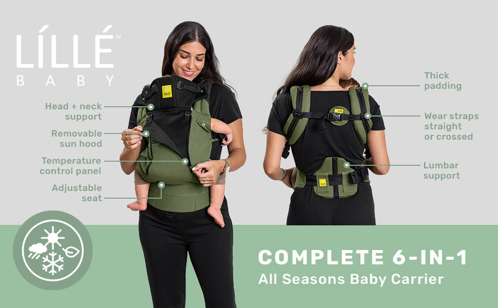 features head + neck support, removable sun hood, temperature control panel, adjustable seat, plush padded shoulder straps, lumbar support, straps straight or crossed