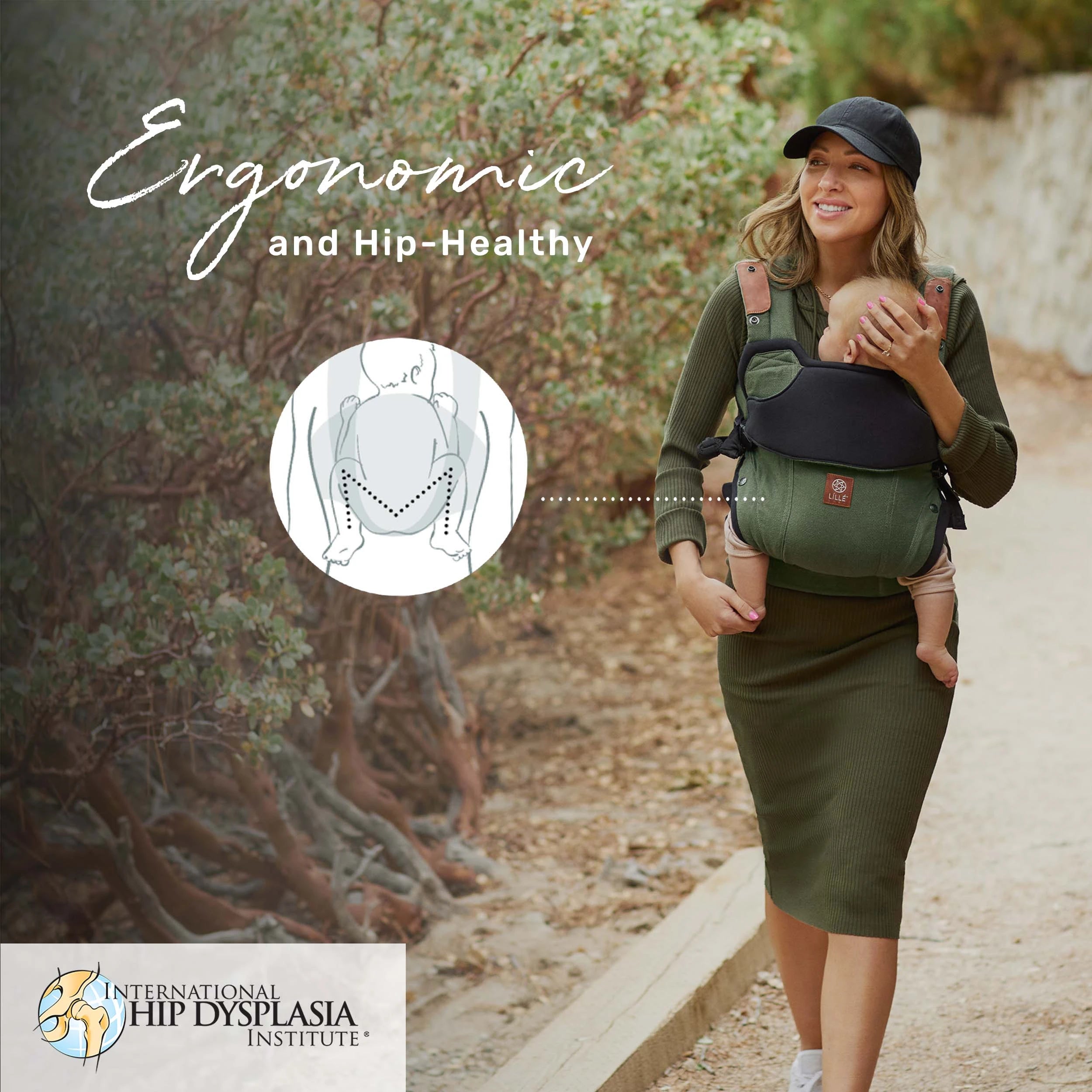 Elevate carrier images shows carrier support for baby. Ergonomic, hip healthy and endorsed by international hip dysplasia institute.