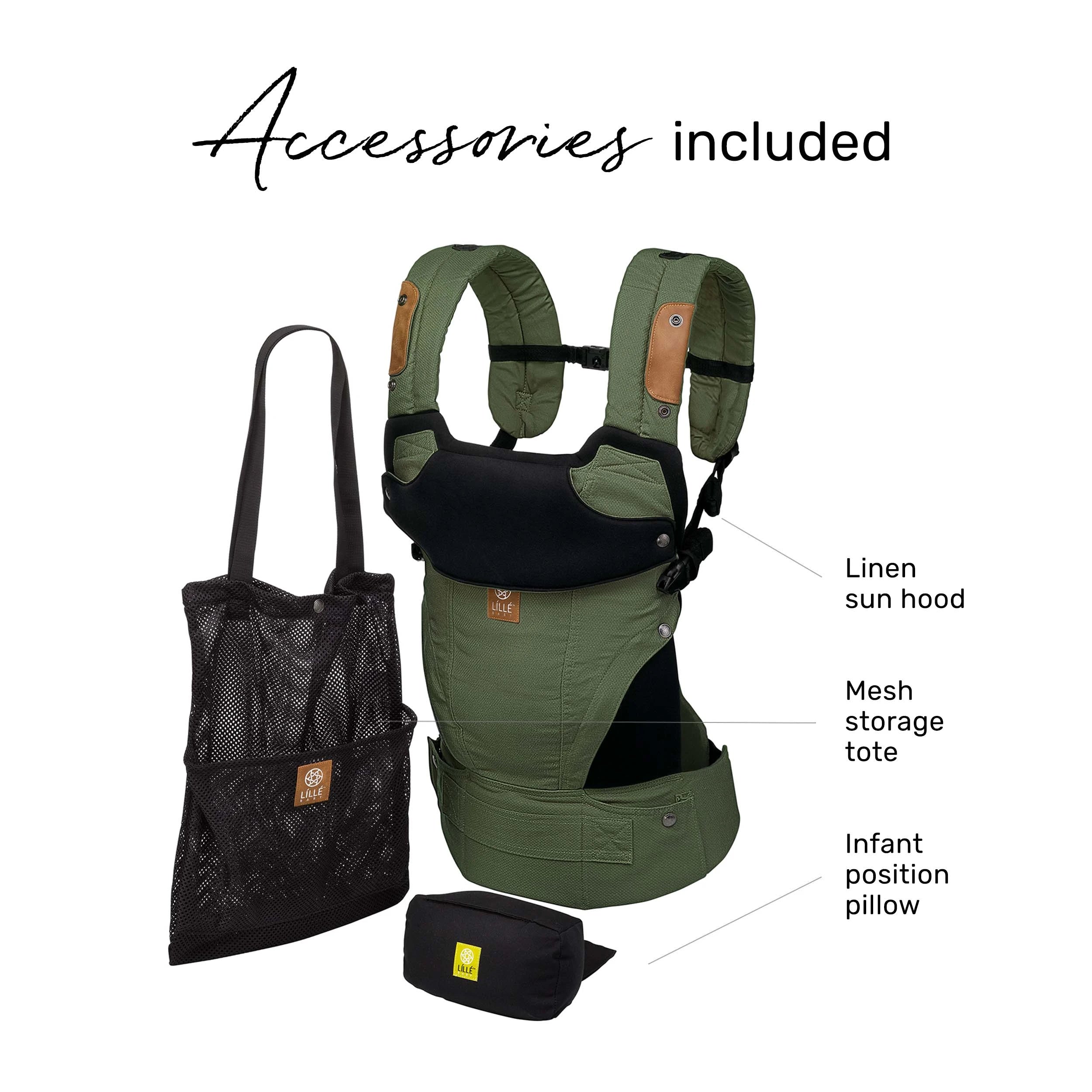 Elevate accessories included with purchase of a carrier. Pictured carrier, linen sun hood, mesh storage tote and infant position pillow.