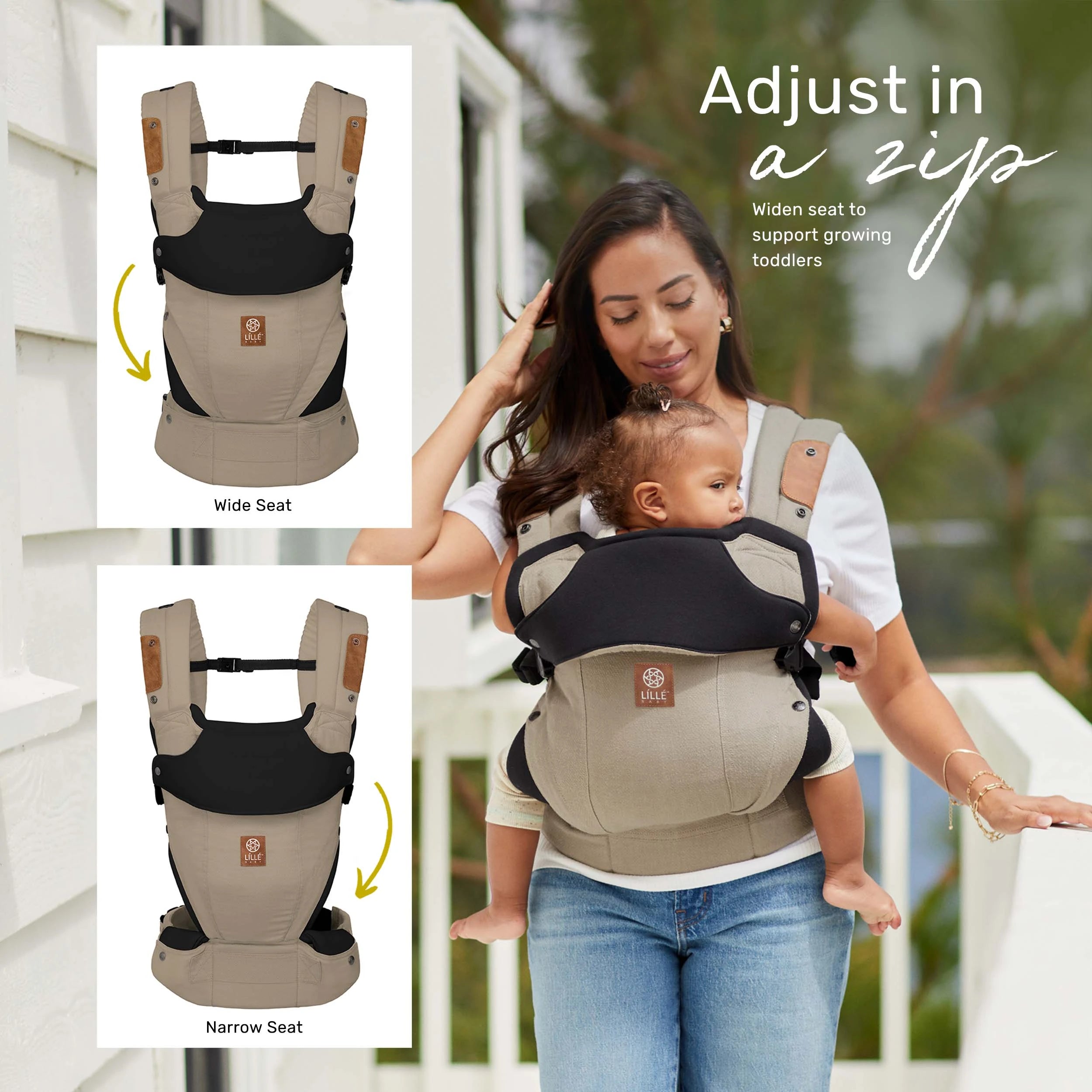 Elevate adjust in a zip! Widen seat to support growing toddlers. Zip up to wide seat and zip down to narrow seat. 