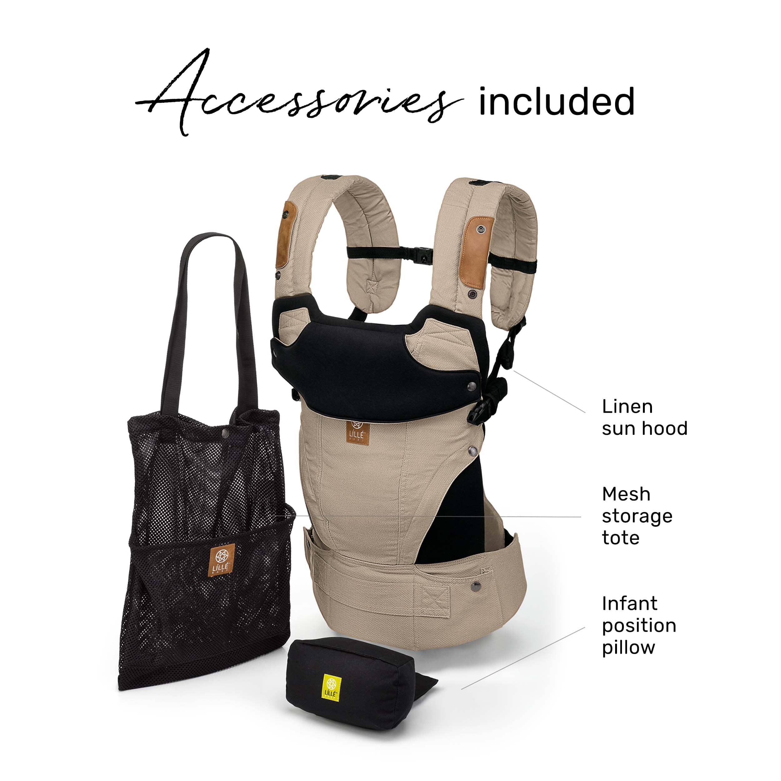 Elevate accessories included with purchase of a carrier. Pictured carrier, linen sun hood, mesh storage tote and infant position pillow. 