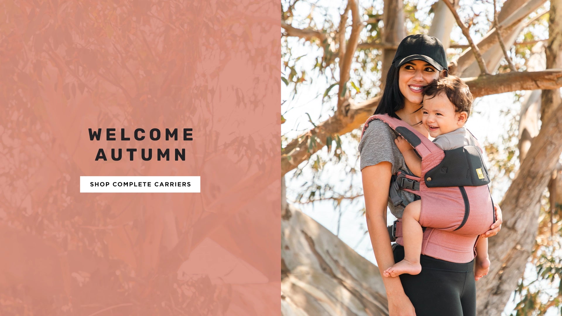 welcome autumn. shop complete carriers. mom wearing baby in complete all seasons carrier