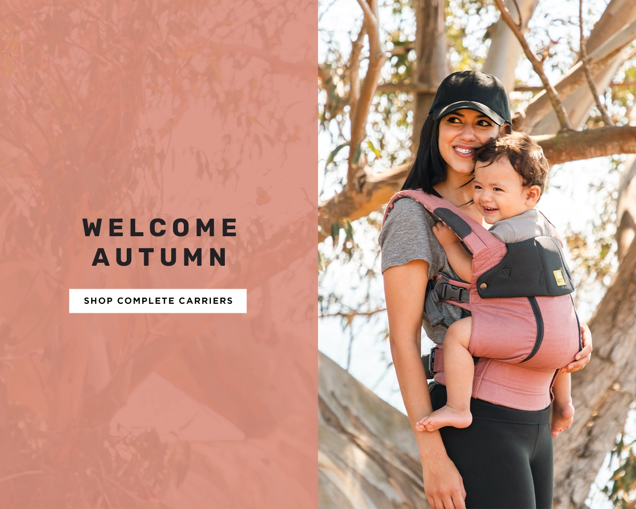 welcome autumn. shop complete carriers. mom wearing baby in complete all seasons carrier