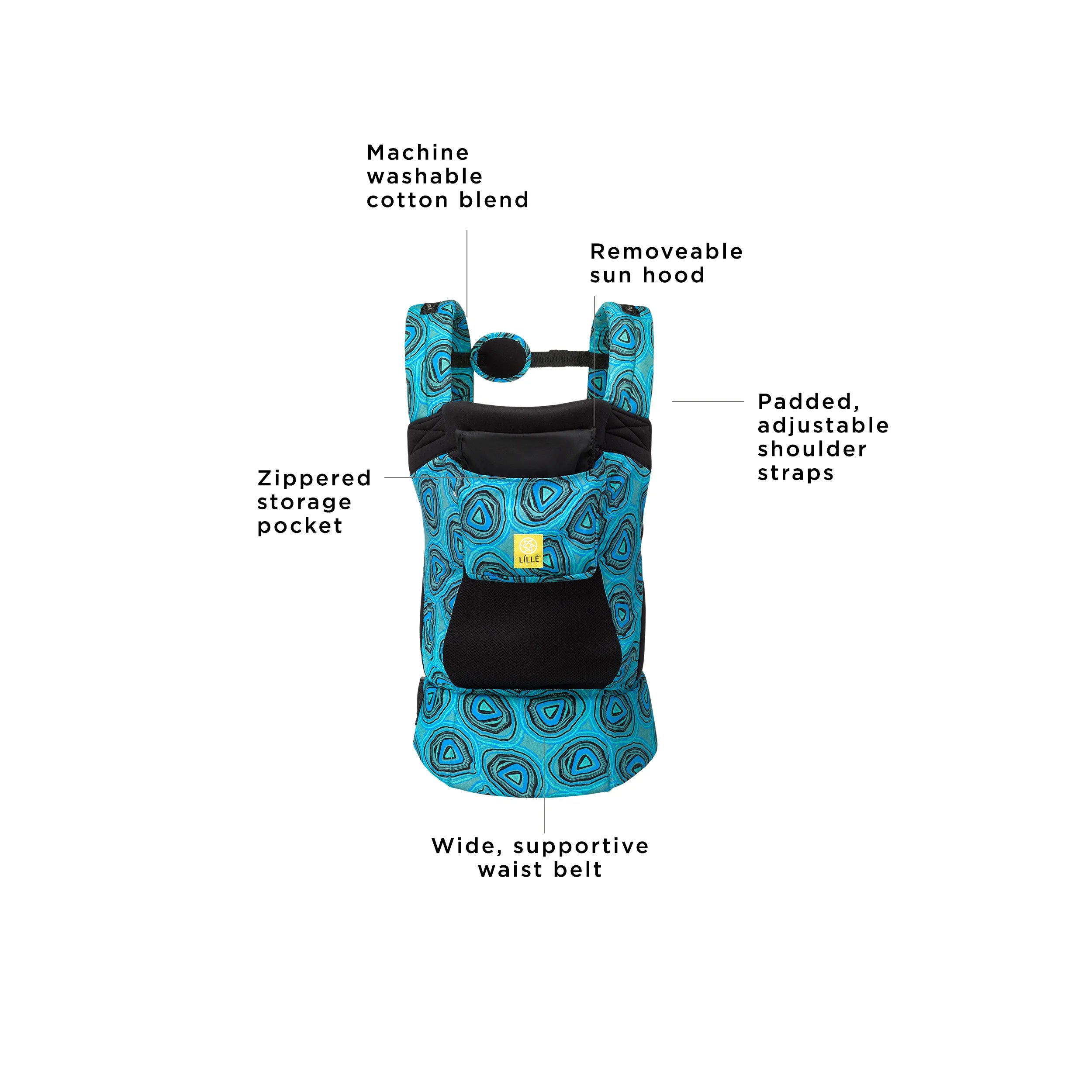 carryon airflow carriers are machine washable cotton blend, removeable sun hood, zippered storage pocket, padded adjustable shoulder straps, and wide supportive waist belt