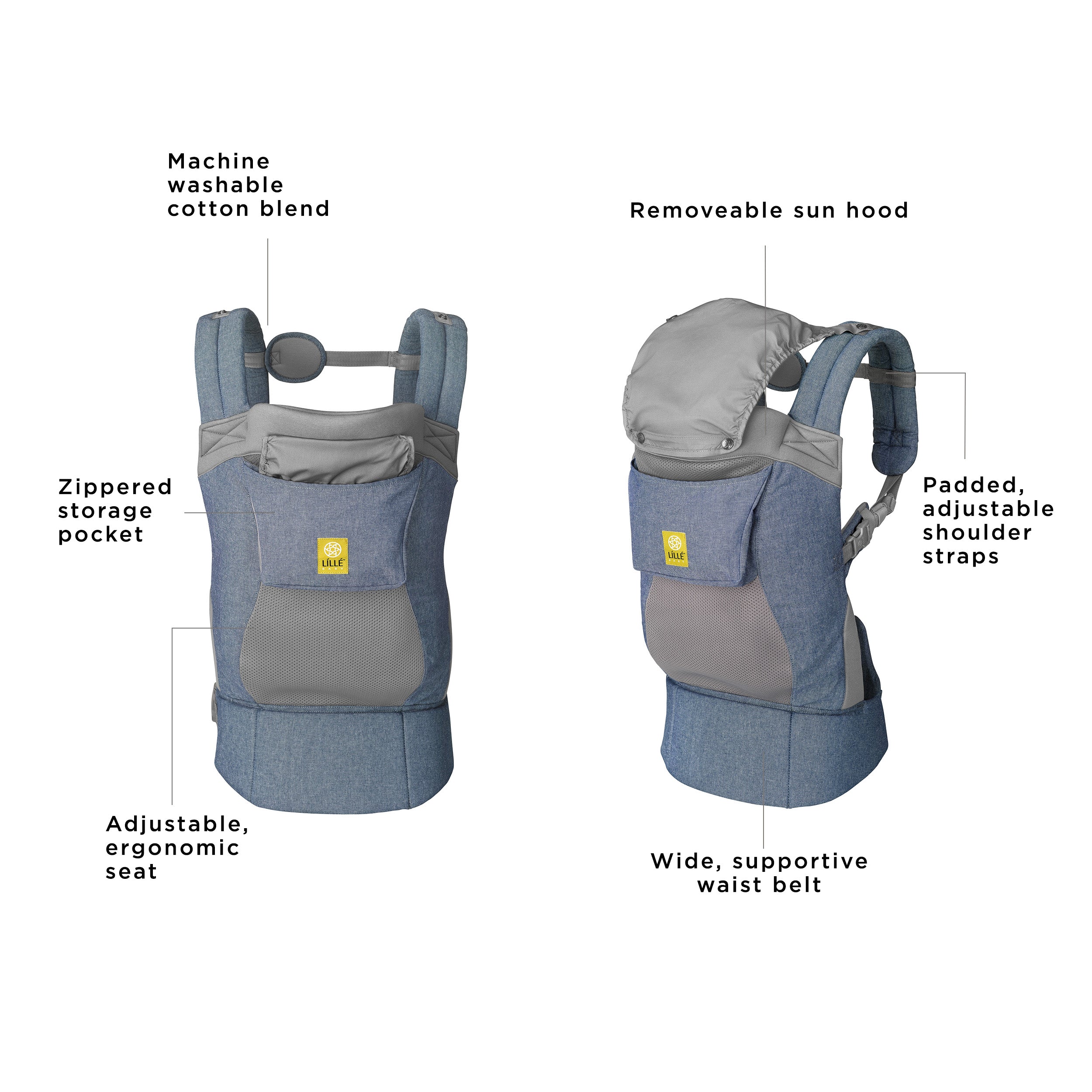 the carryon airflow dlx is a machine washable cotton blend, has a zippered storage pocket, adjustable ergonomic seat, removeable sun hood, padded adjustable shoulder straps, and wide supportive waist belt