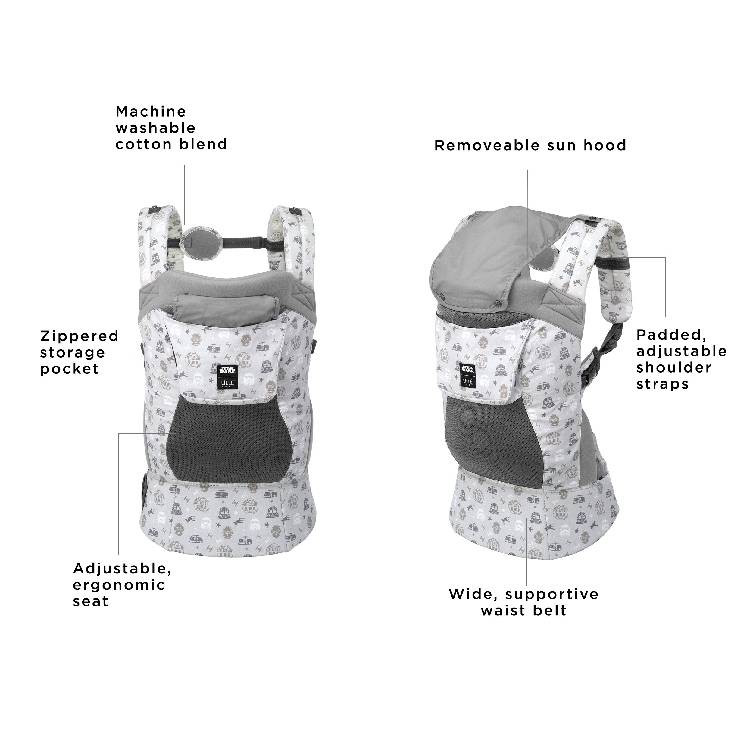 the carryon airflow dlx is a machine washable cotton blend, has a zippered storage pocket, adjustable ergonomic seat, removeable sun hood, padded adjustable shoulder straps, and wide supportive waist belt