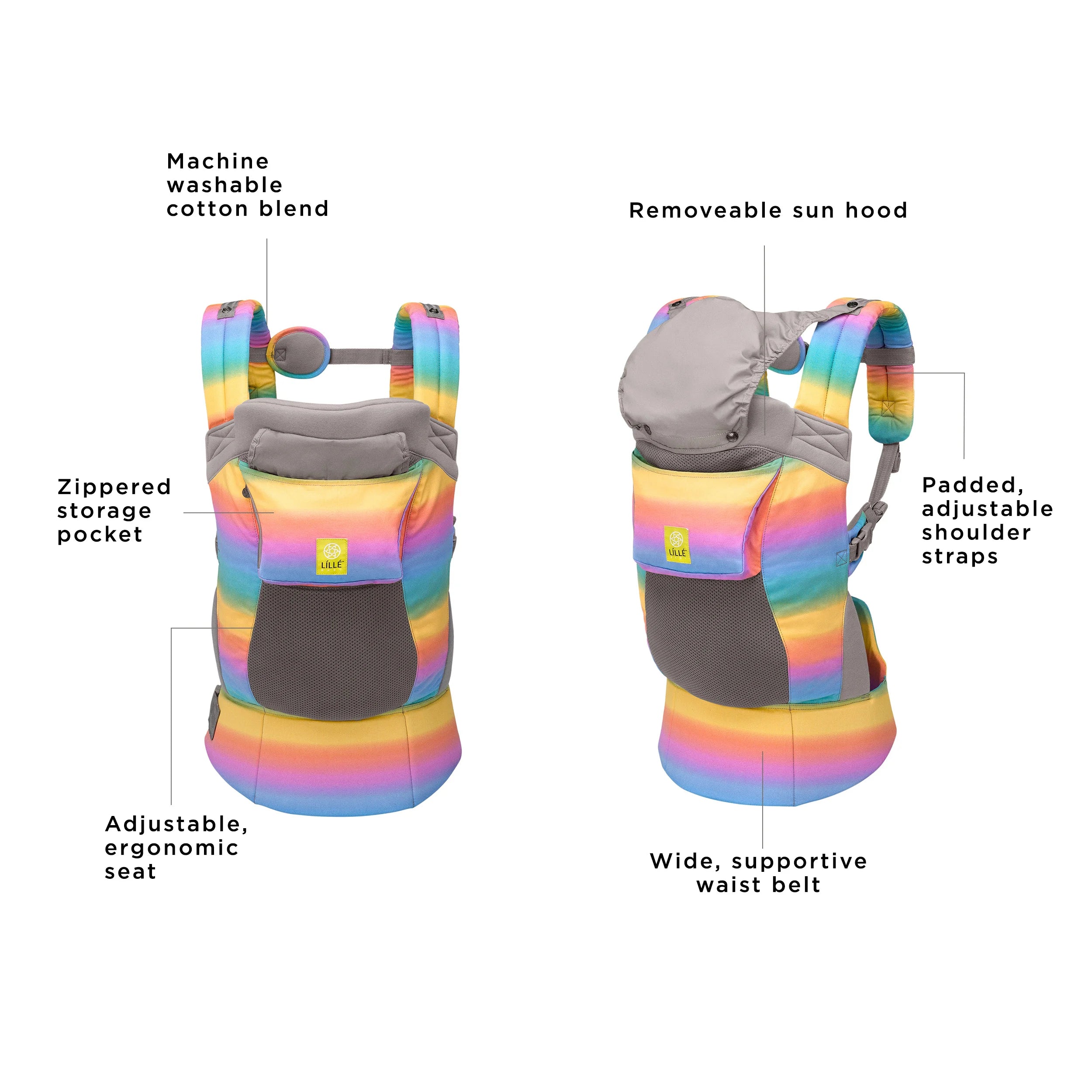 the carryon airflow dlx is a machine washable cotton blend, has a zippered storage pocket, adjustable ergonomic seat, removeable sun hood, padded adjustable shoulder straps, and wide supportive waist belt