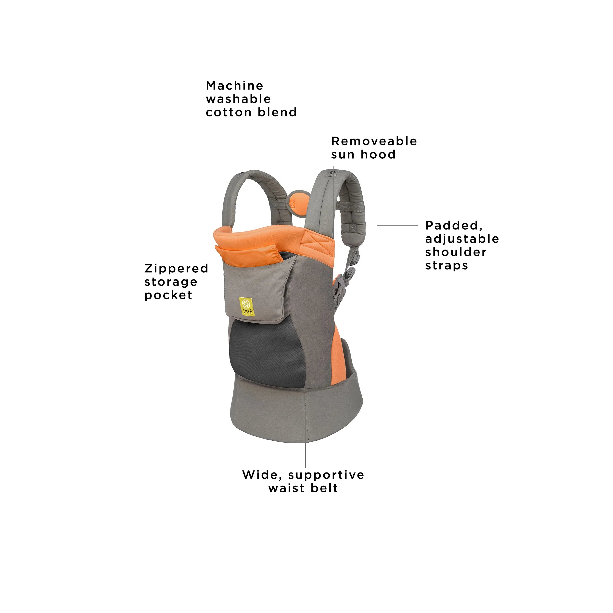 carryon airflow carriers are machine washable cotton blend, removeable sun hood, zippered storage pocket, padded adjustable shoulder straps, and wide supportive waist belt