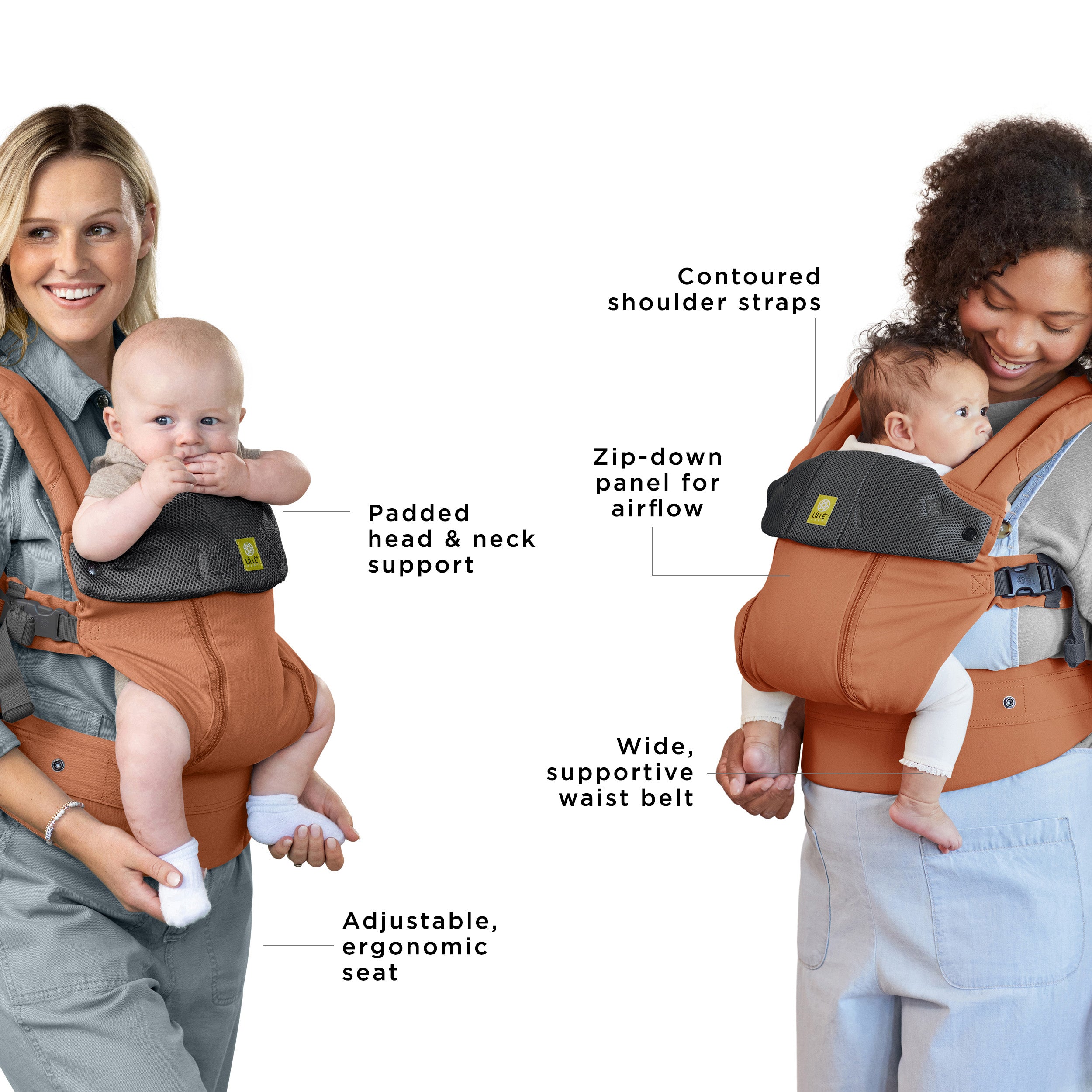 complete 6-in-1 all seasons has contoured shoulder straps, adjustable ergonomic seat, padded head & neck support, zip-down panel for airflow, and wide supportive waist belr
