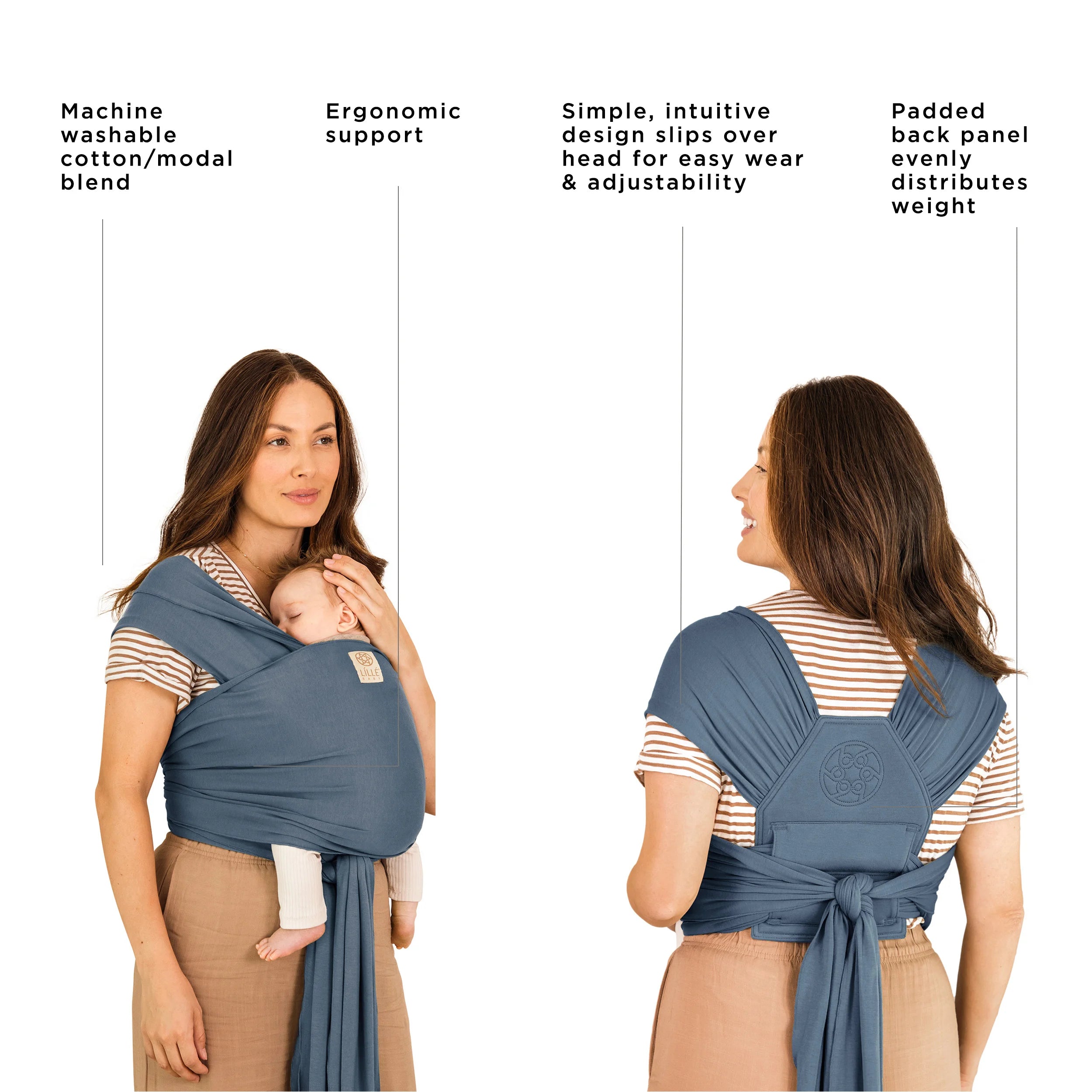 dragonfly wrap is machine washable cotton/modal blend, ergonomic support, simple intuitive design slips over head for easy wear and adjustability, padded back panel evenly distributes weight