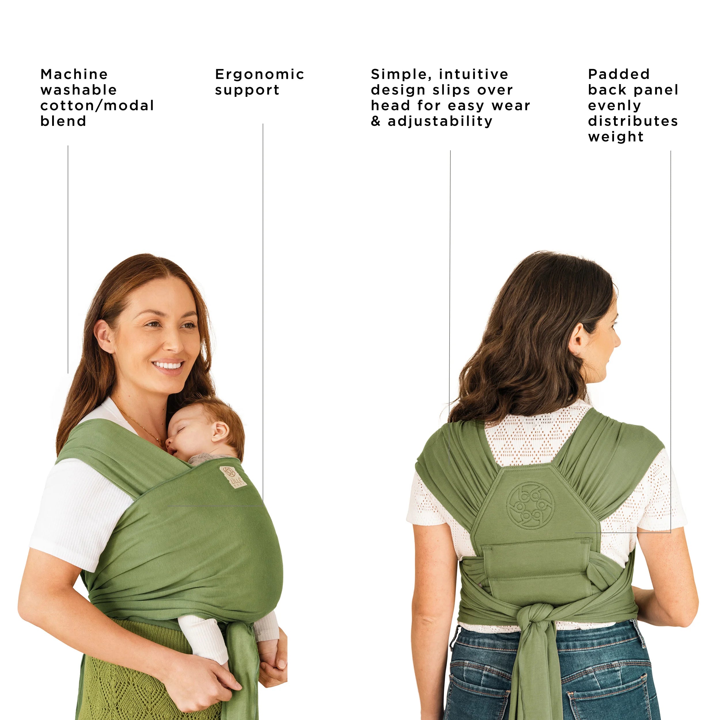 dragonfly wrap is machine washable cotton/modal blend, ergonomic support, simple intuitive design slips over head for easy wear and adjustability, padded back panel evenly distributes weight