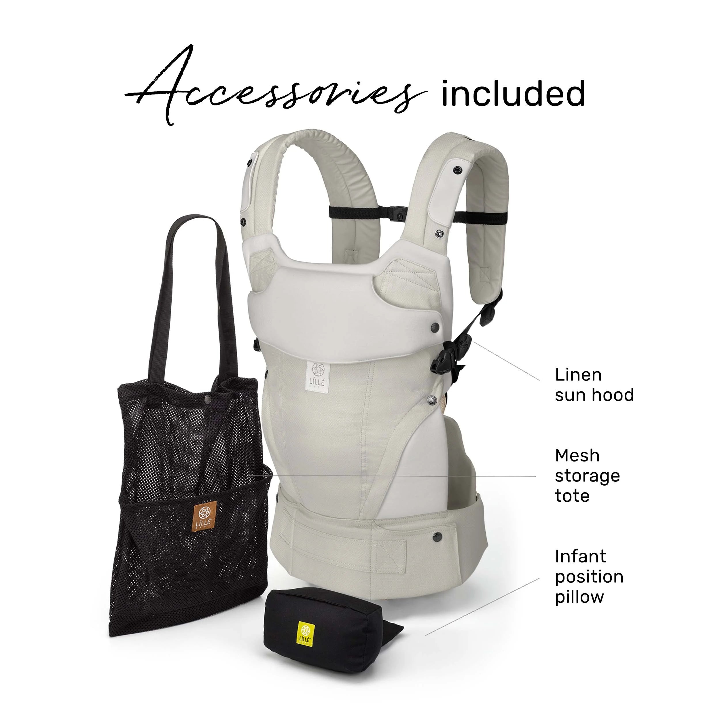 Elevate accessories included with purchase of a carrier. Pictured carrier, linen sun hood, mesh storage tote and infant position pillow.