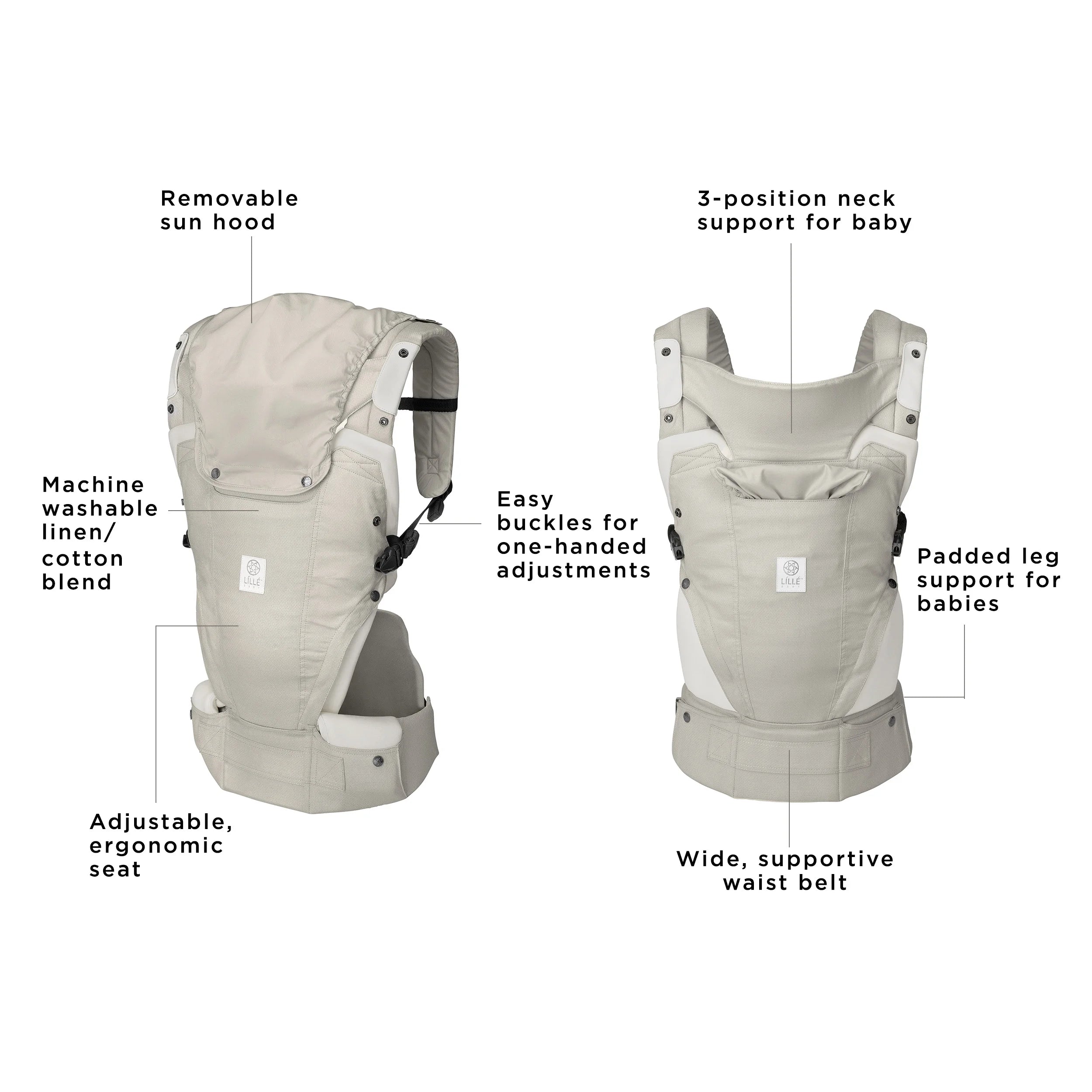 elevate carrier has a removable sun hood, machine washable/linen cotton blend, adjustable, ergonomic seat, easy buckles for one-handed adjustments, 3 position neck support for baby, padded leg support for babies, wide supportive waist belt