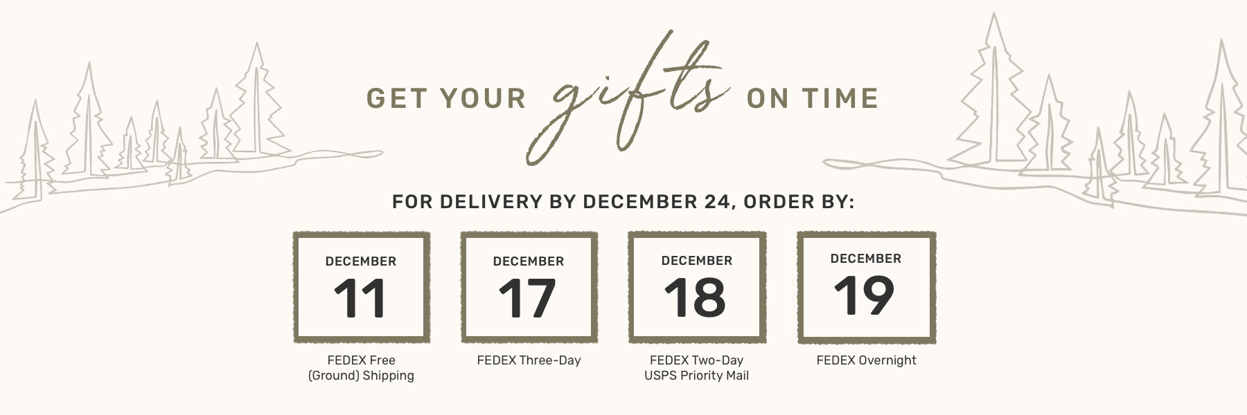 Get your gifts on time! For delivery by 12/24, order by 12/11 for fedex free ground shipping, 12/17 for fedex 3 day shipping, 12/18 for fedex 2 day or usps priority mail, or 12/19 for fedex overnight shipping