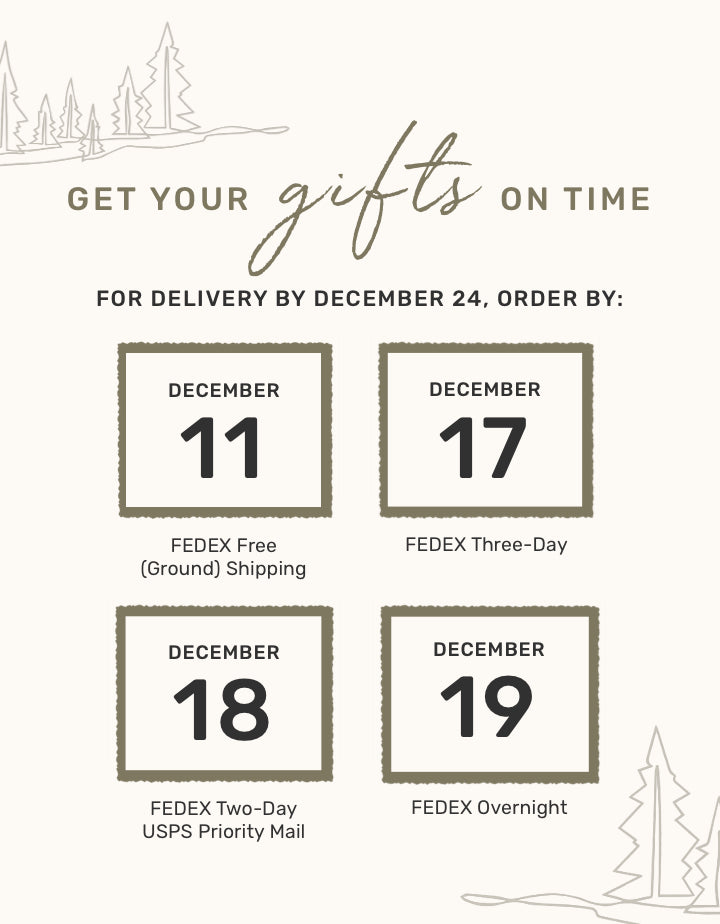Get your gifts on time! For delivery by 12/24, order by 12/11 for fedex free ground shipping, 12/17 for fedex 3 day shipping, 12/18 for fedex 2 day or usps priority mail, or 12/19 for fedex overnight shipping