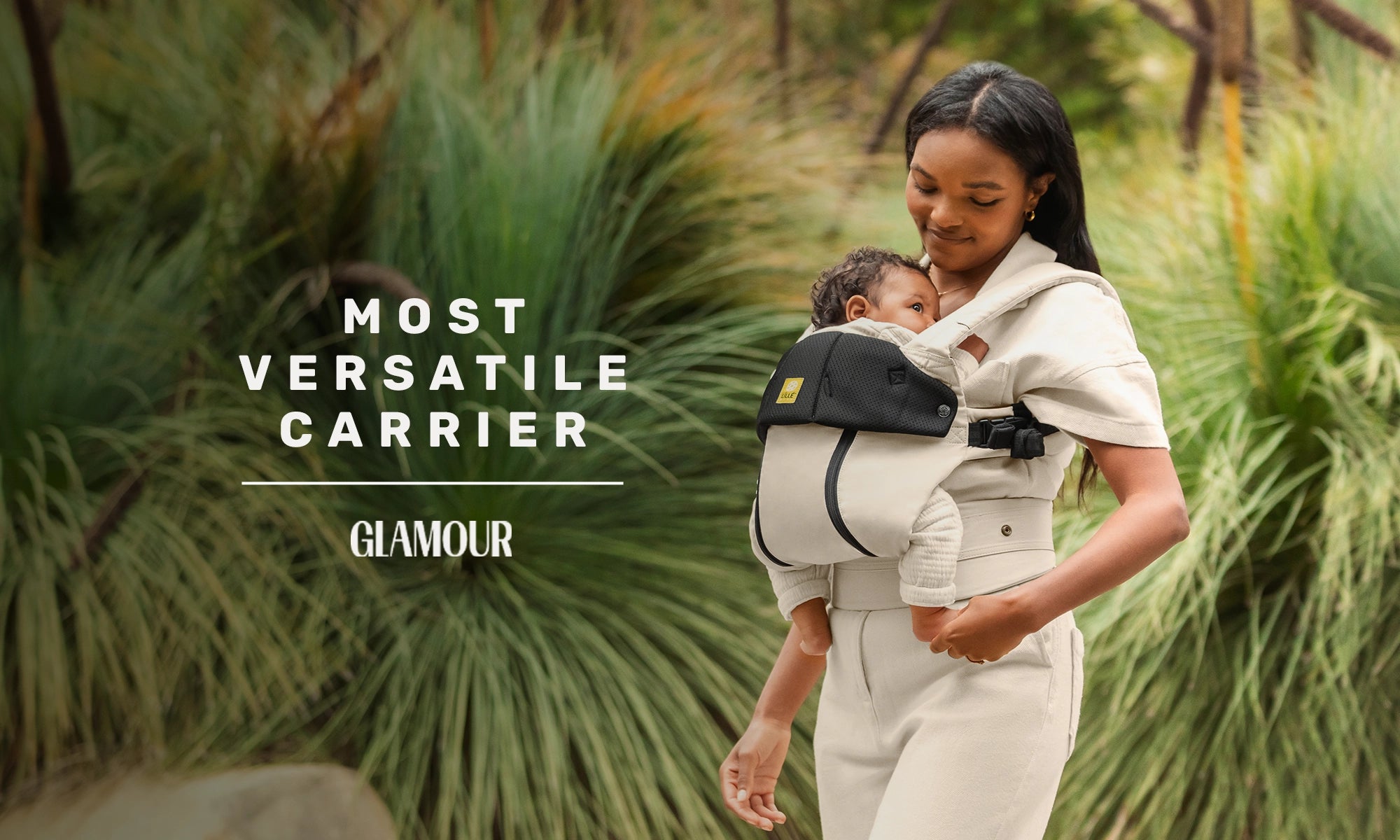 most versatile carrier by glamour. mom wearing baby in the complete all seasons carrier in moonbeam