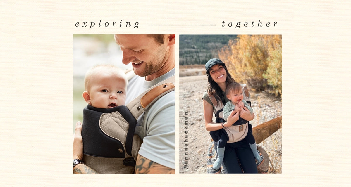 exploring together. dad wearing baby in elevate carrier in warm sand on the left image. right image shows mom wearing baby in the elevate carrier in warm sand. image from @annaahackman