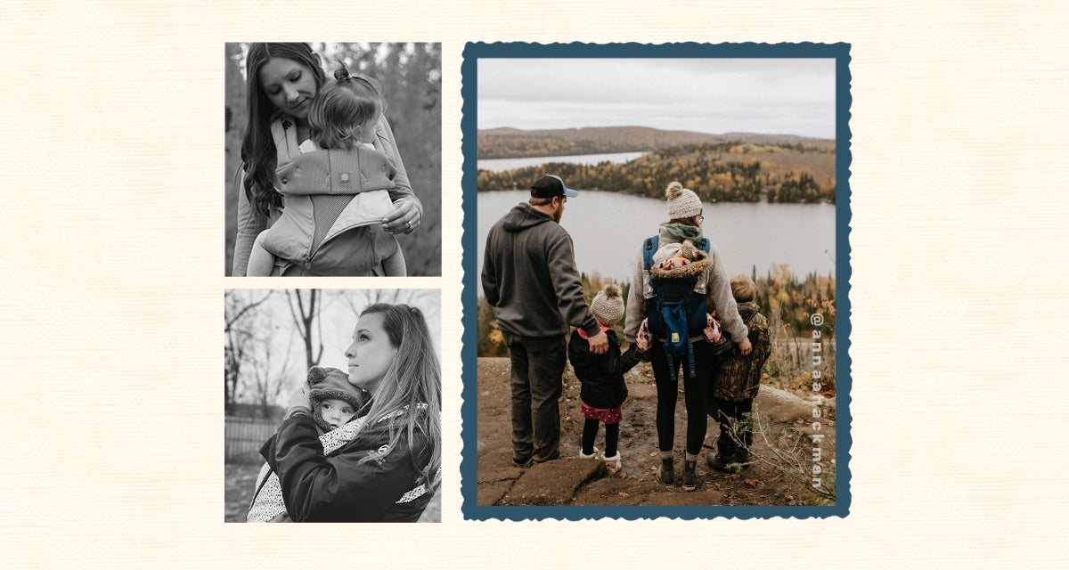3 different images of mom wearing baby in complete all seasons carriers in the woods. image from @annaahackman